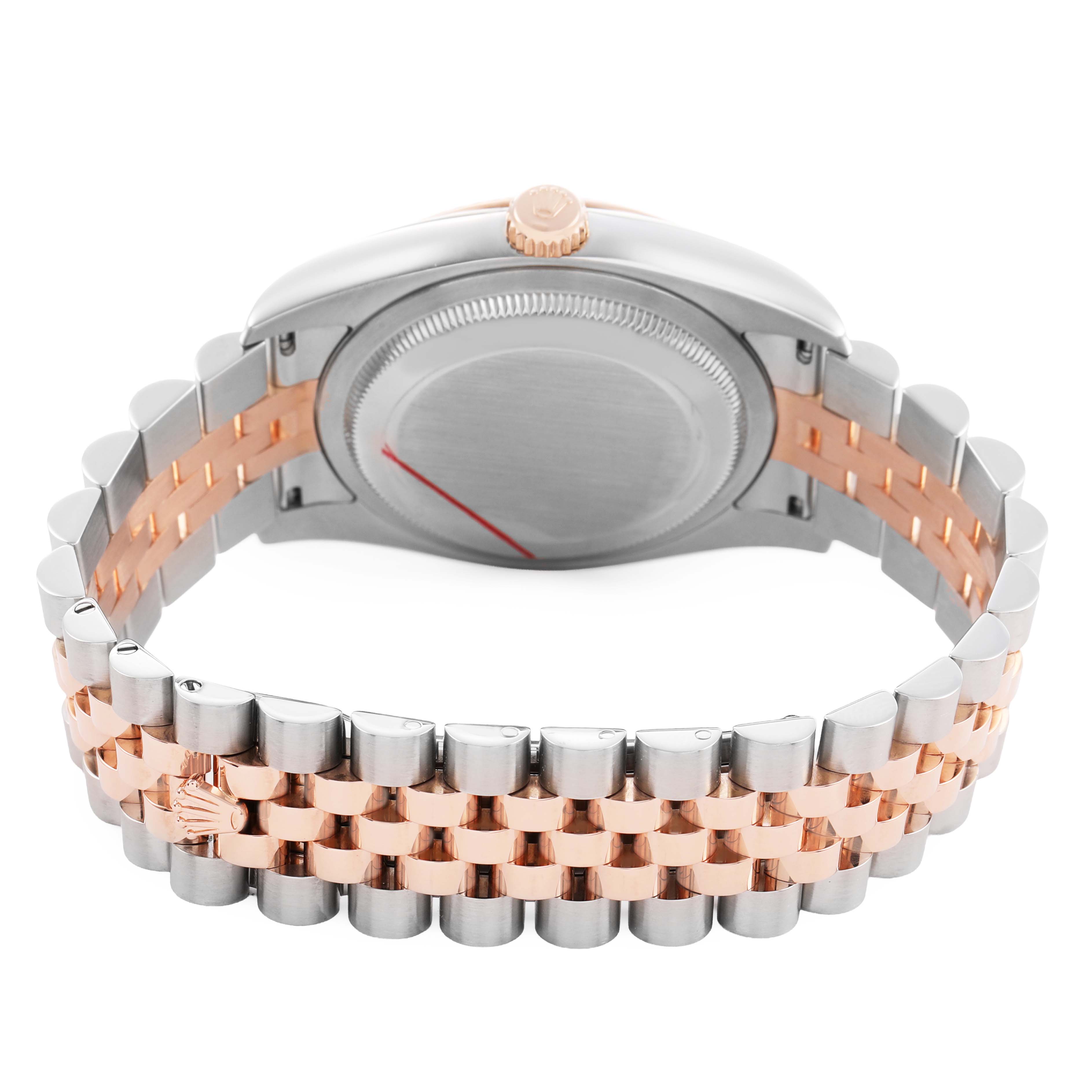 The image shows the back view of a Rolex Datejust 116231 Men's Stainless Steel Silver Dial, highlighting the case back, crown, and jubilee bracelet.