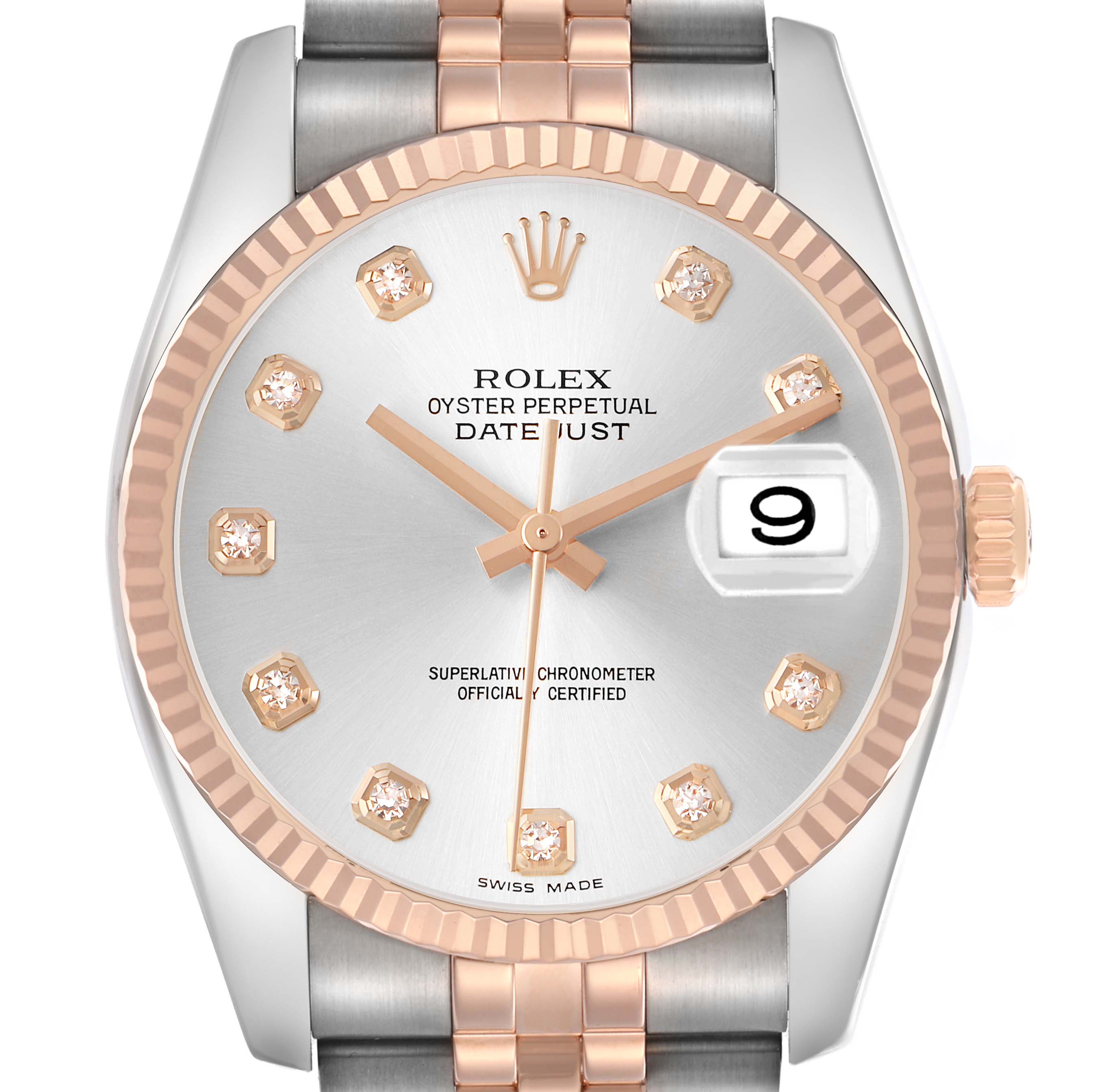 The image shows a close-up of a Rolex Datejust 116231 Men's Stainless Steel Silver Dial watch face, bezel, and part of the bracelet at a front angle.