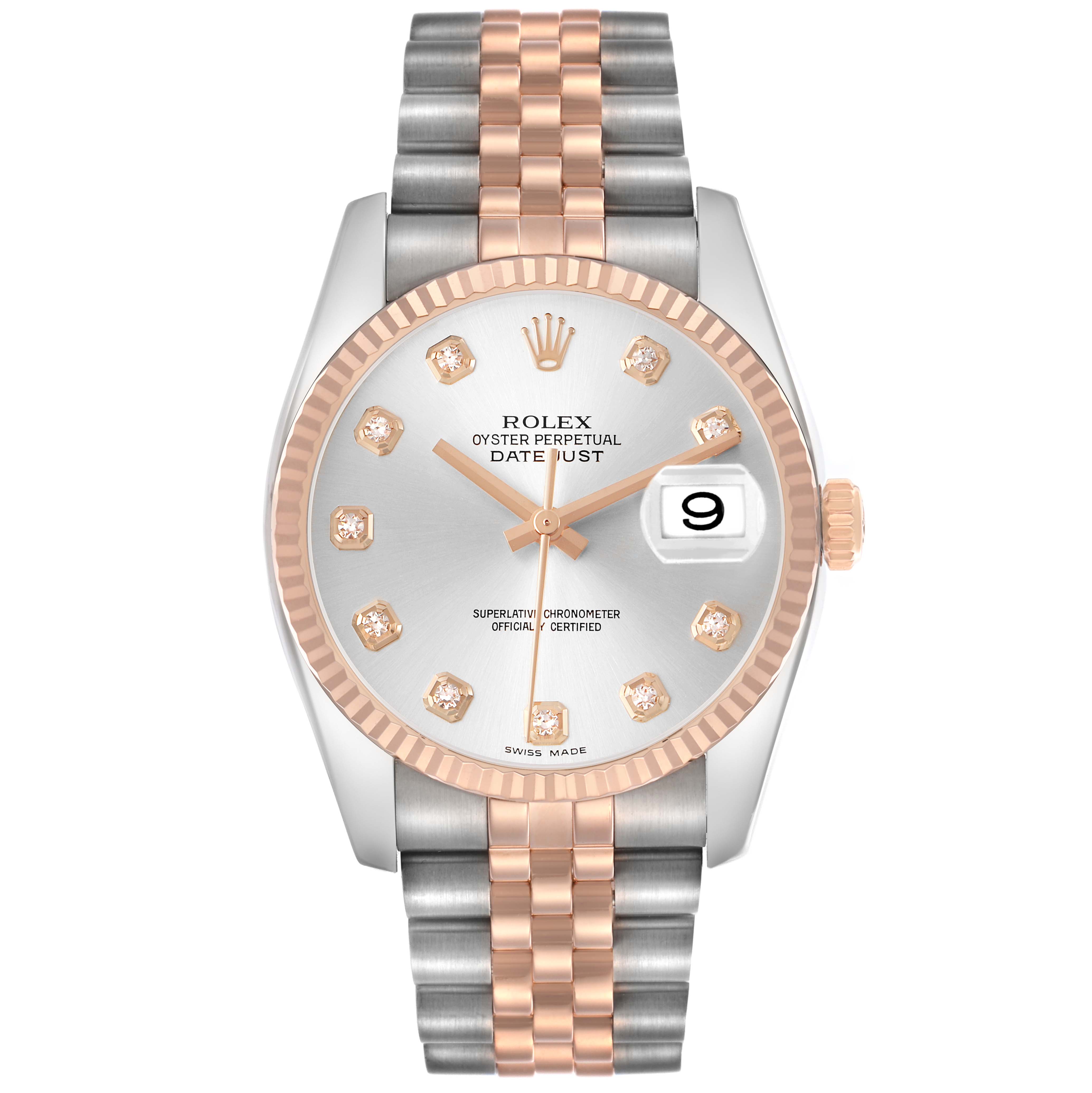 The Rolex Datejust 116231 Men's Stainless Steel Silver Dial watch is shown from a front angle, highlighting the dial, bezel, and two-tone bracelet.