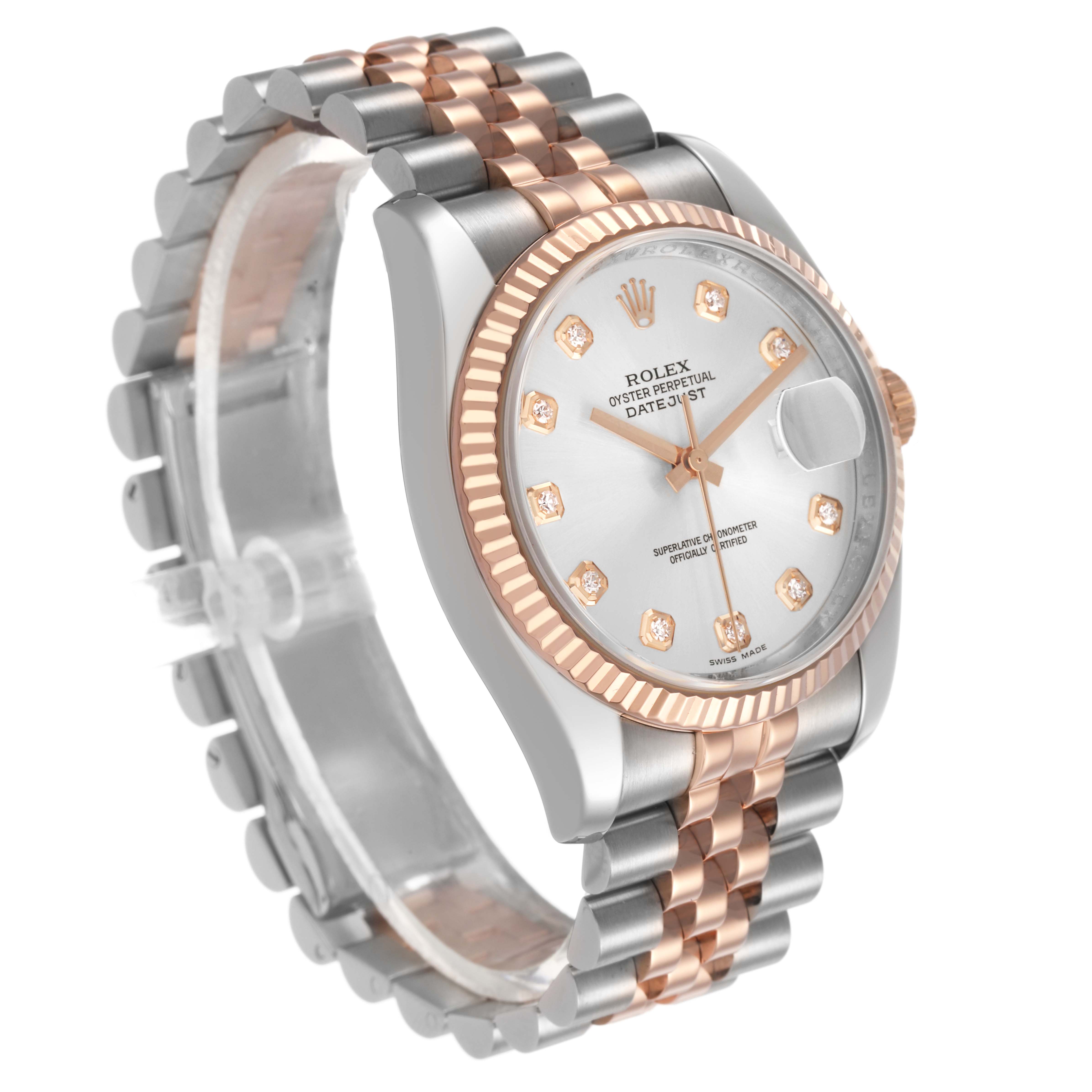 The Rolex Datejust 116231 Men's Stainless Steel Silver Dial watch is shown at a three-quarter angle, highlighting its face, bezel, crown, and two-tone bracelet.