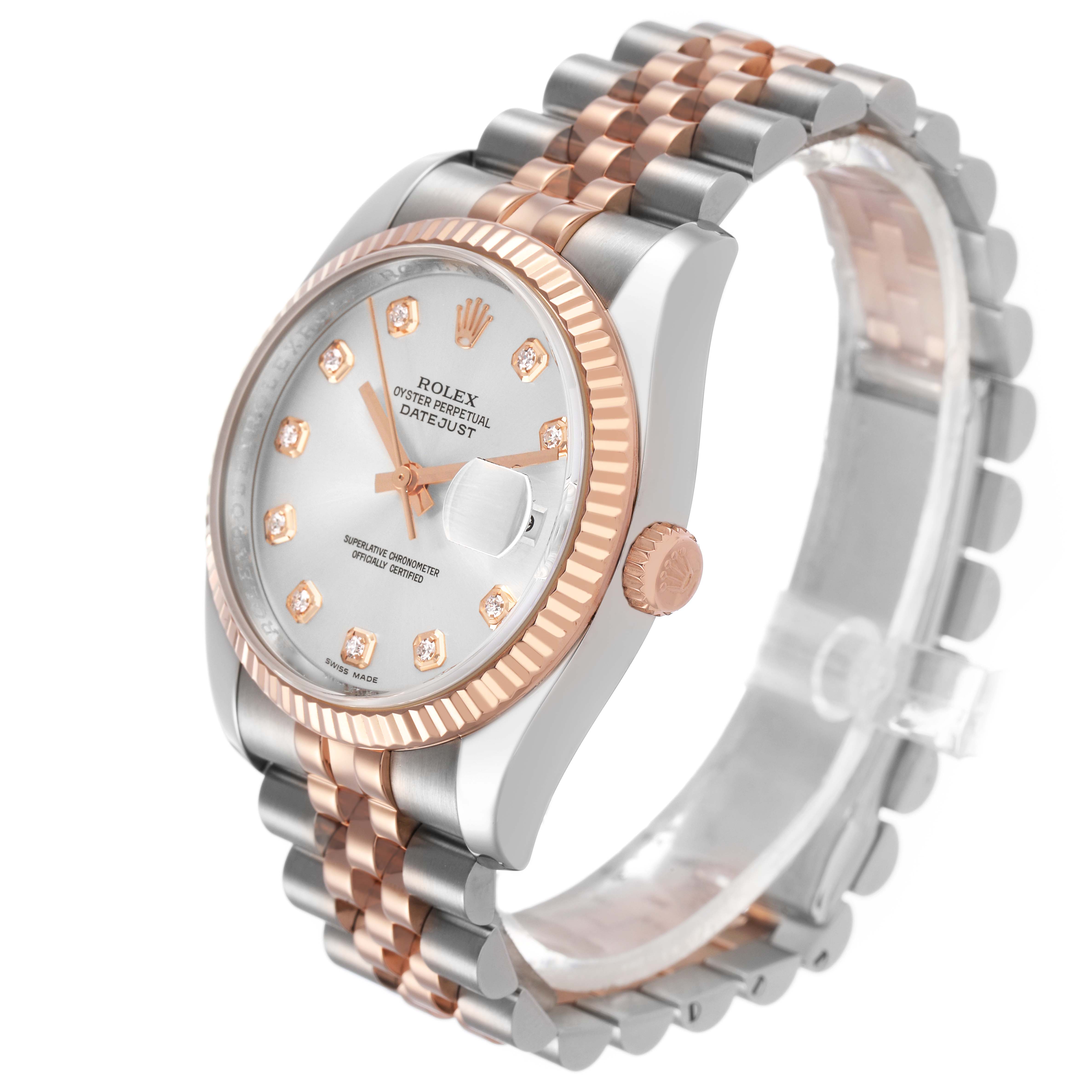 The Rolex Datejust 116231 Men's Stainless Steel Silver Dial watch is shown at a three-quarter angle, highlighting its face, two-tone bracelet, and fluted bezel.
