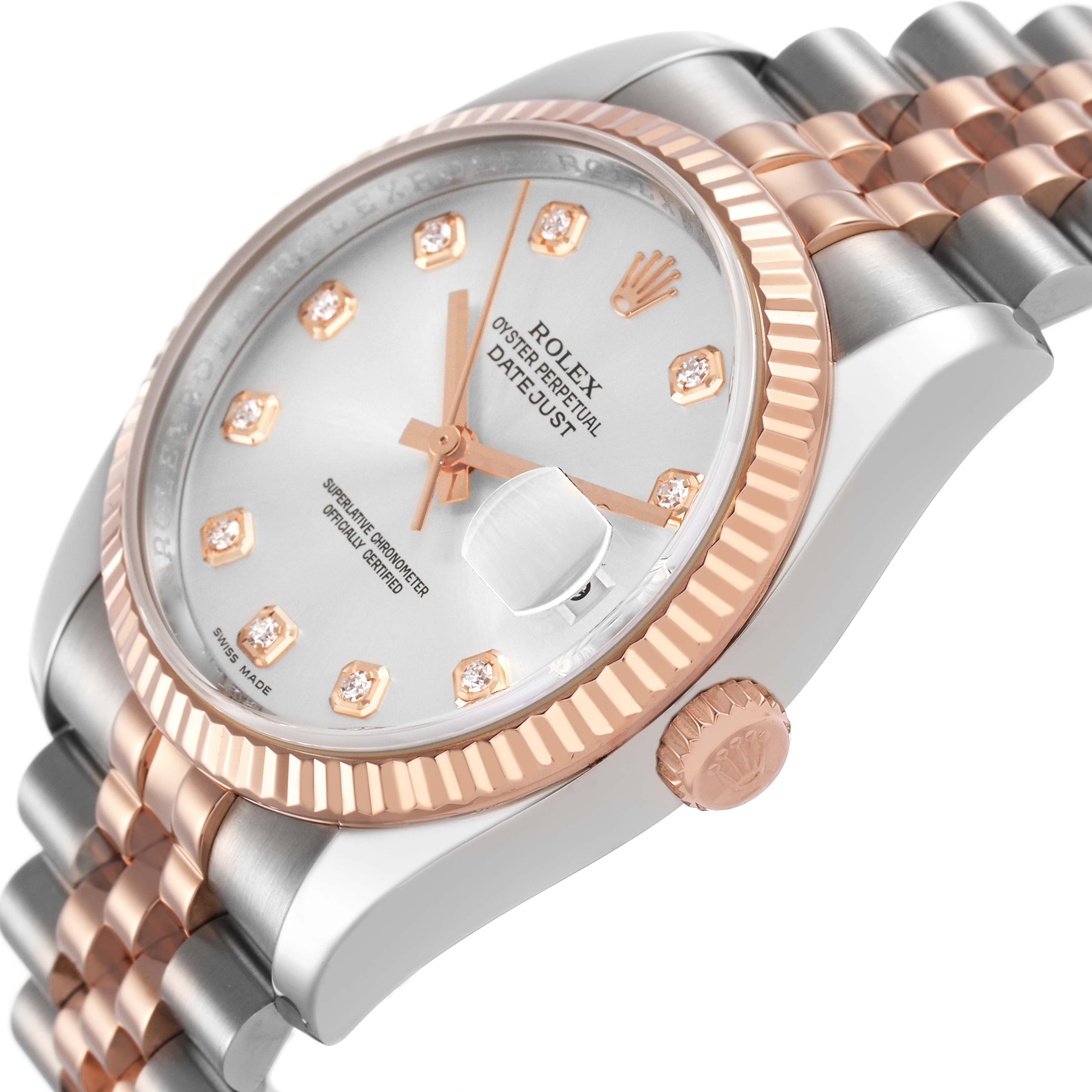 The Rolex Datejust 116231 Men's Stainless Steel Silver Dial watch is shown from a side angle, highlighting the bezel, case, dial, and part of the bracelet.