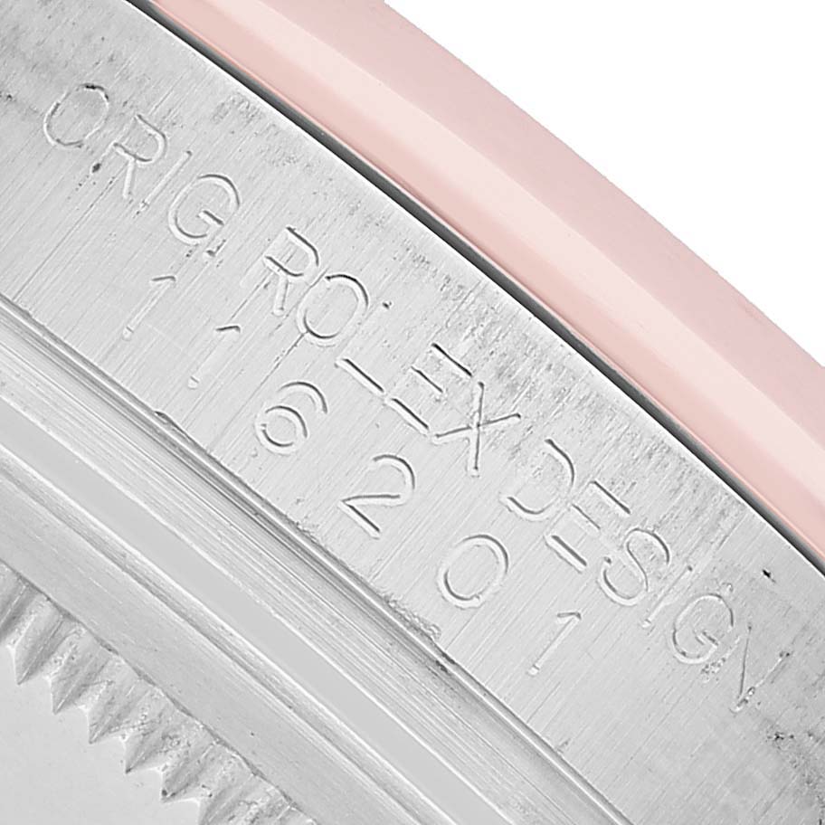 This image shows a close-up of the case side of a Rolex Datejust 116201 Men's Stainless Steel White Dial watch, highlighting engraved text and part of the bezel.