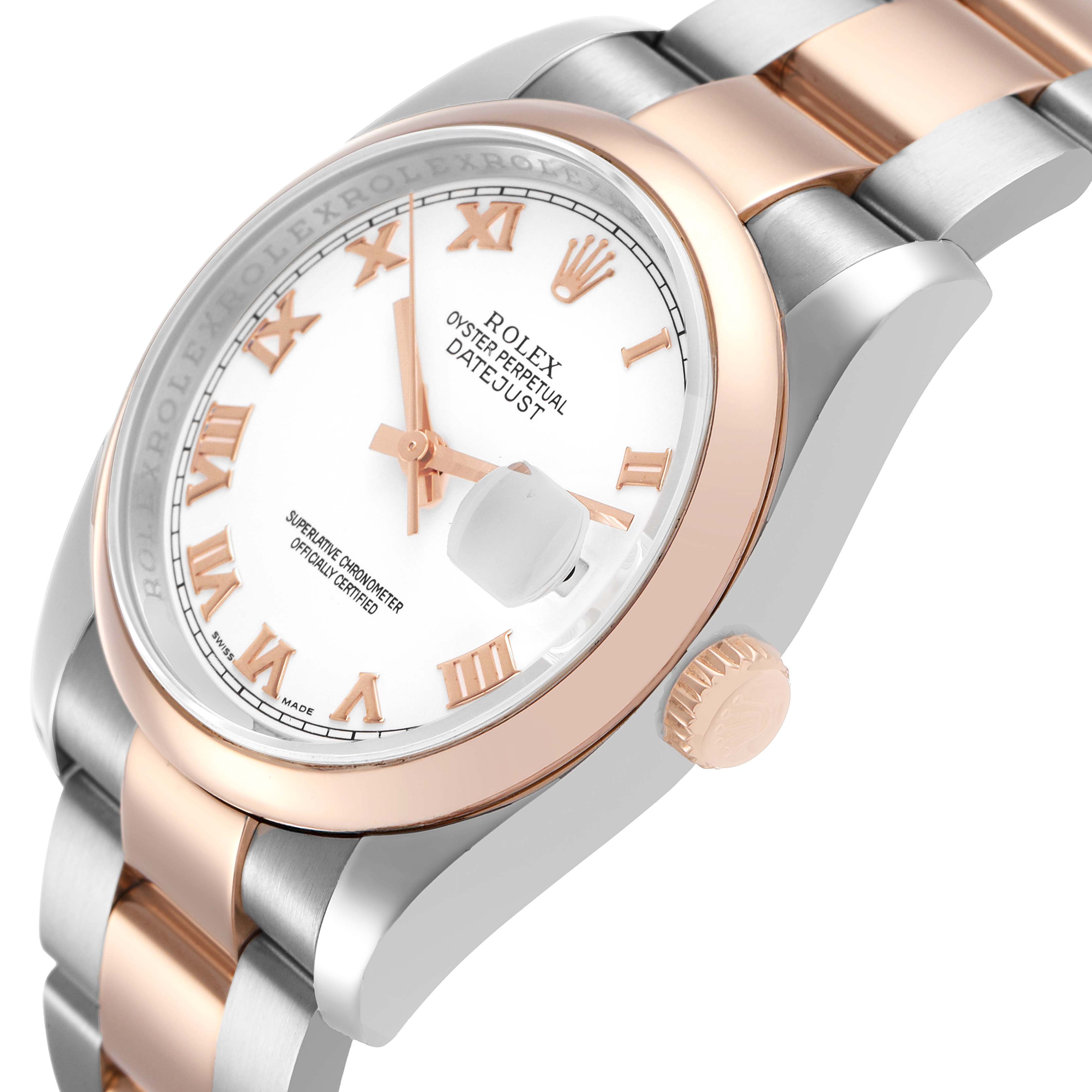 The Rolex Datejust 116201 Men's Stainless Steel White Dial watch is shown at a side angle, highlighting its rose gold bezel, crown, and two-tone bracelet.