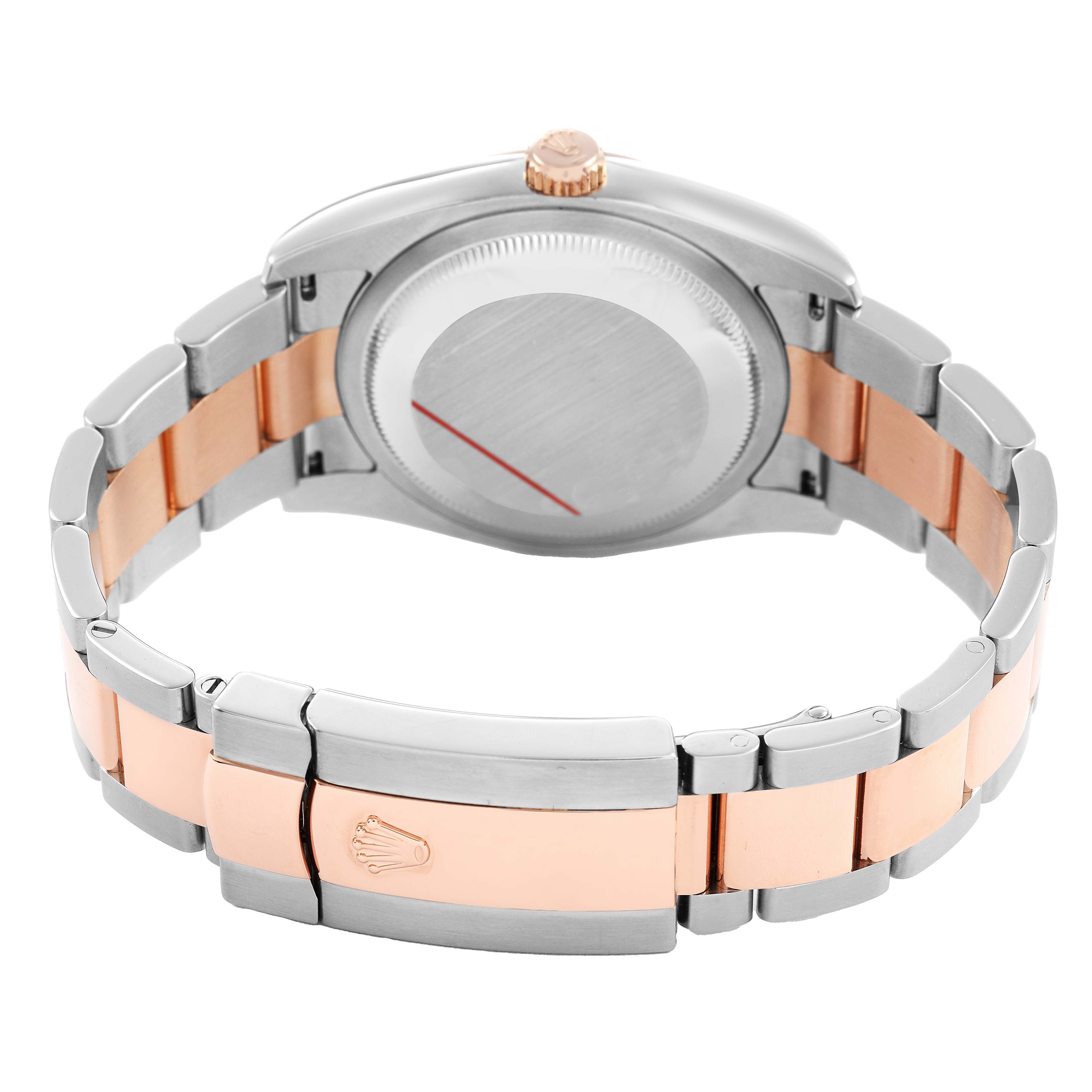 The Rolex Datejust 116201 Men's Stainless Steel White Dial watch is shown from the back, highlighting the case back and the two-tone bracelet with the clasp.