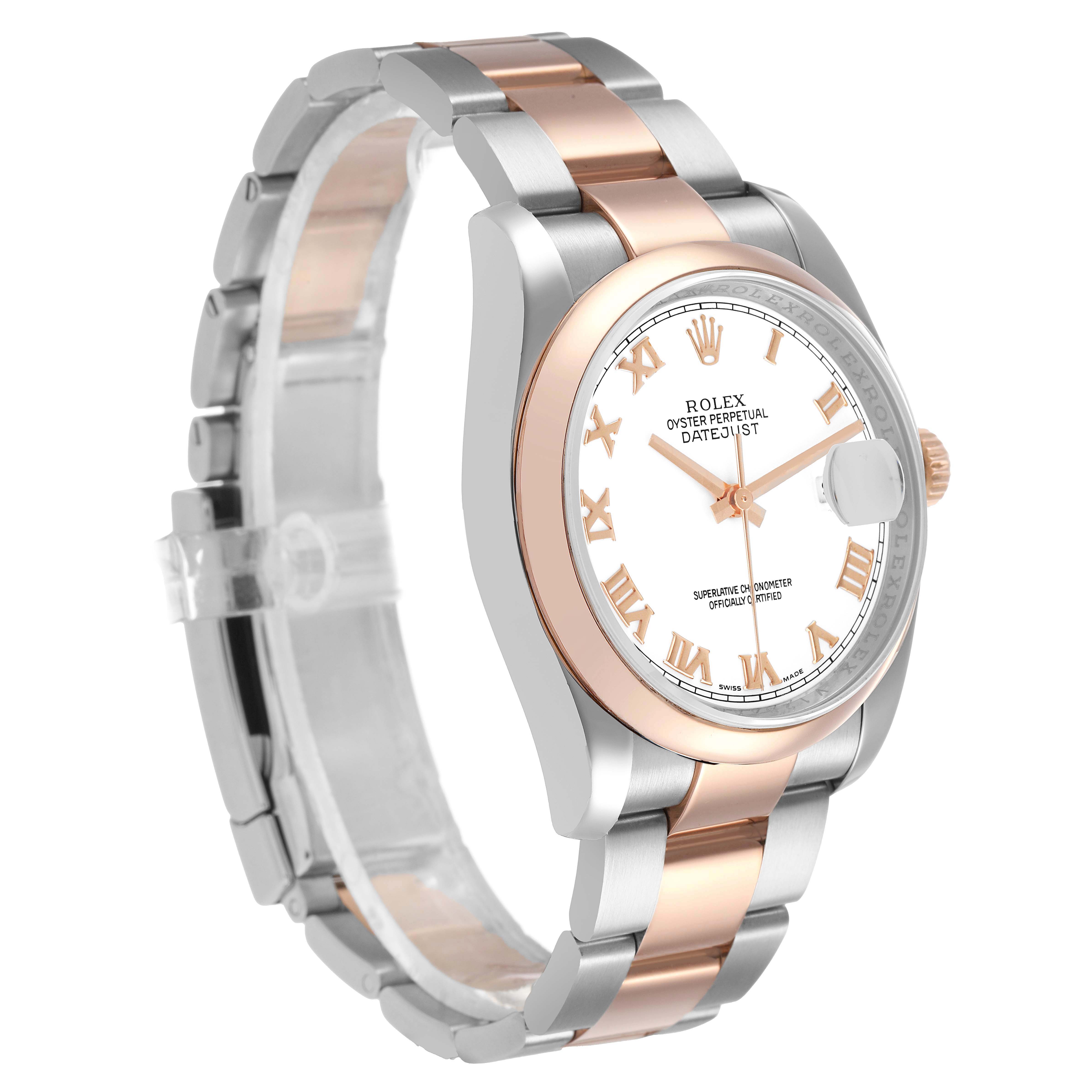 The Rolex Datejust 116201 Men's Stainless Steel White Dial watch is shown at a three-quarter angle, highlighting its dial, bezel, and bracelet.