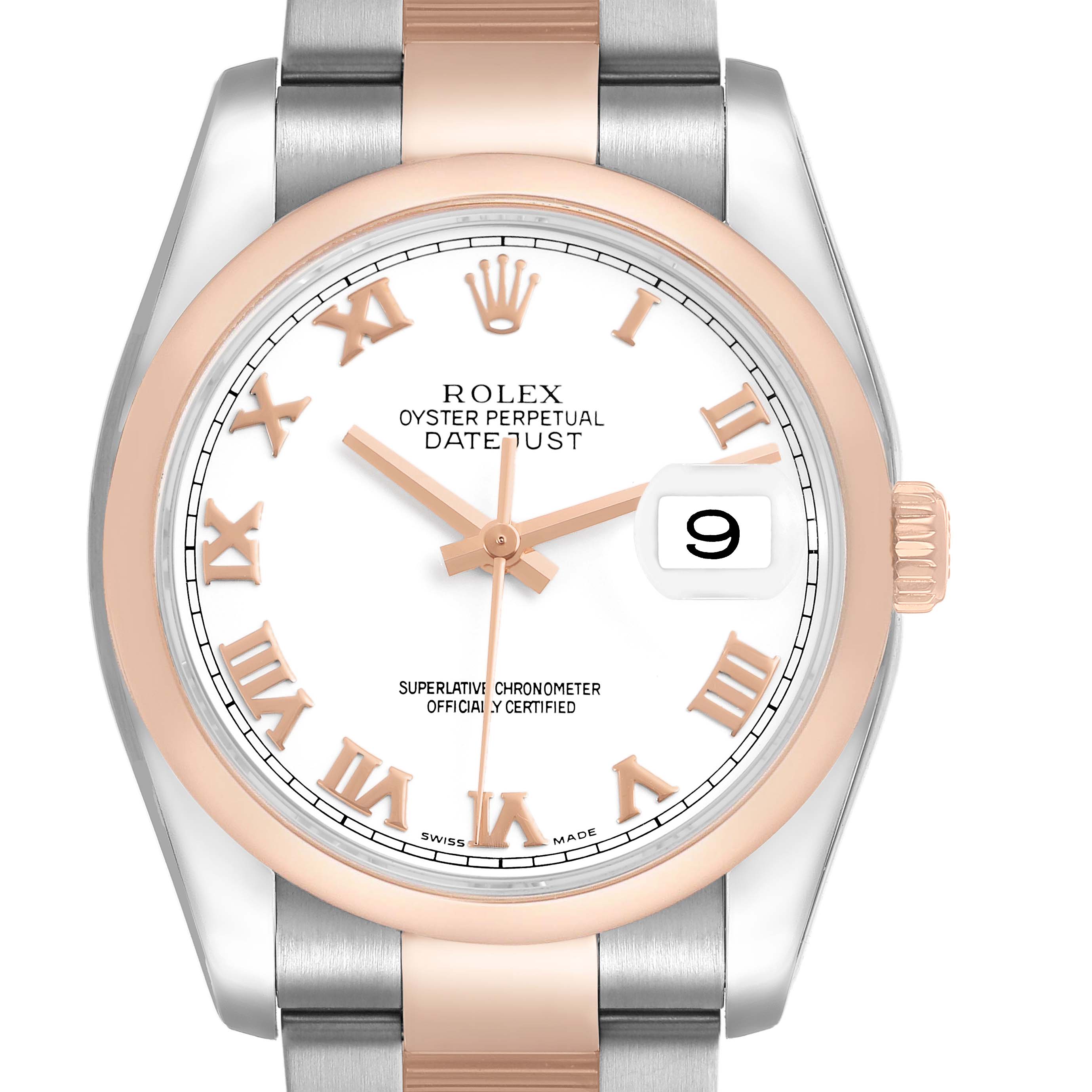 The Rolex Datejust 116201 Men's Stainless Steel White Dial watch is shown from the front, featuring the face, hands, Roman numerals, bezel, and part of the bracelet.