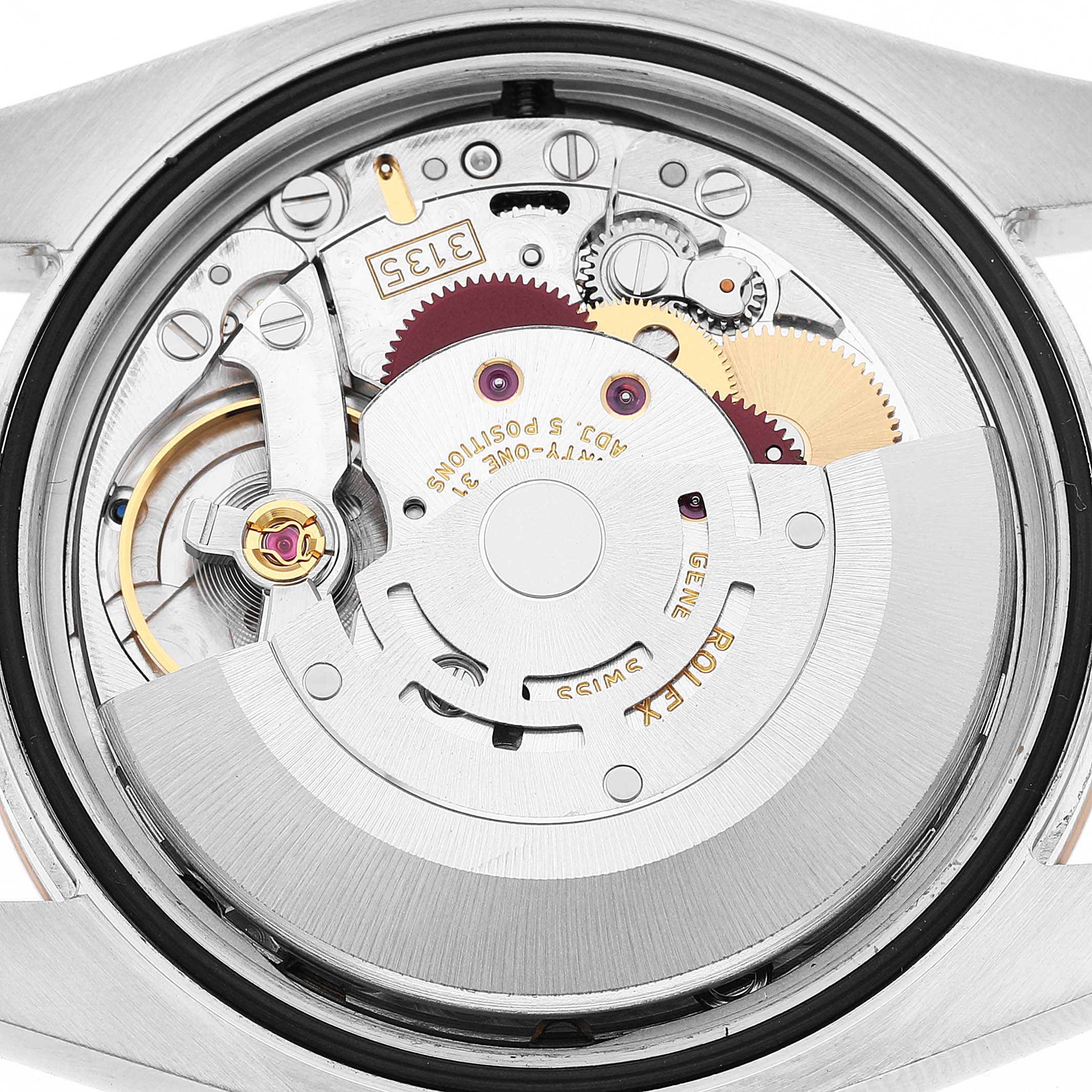 This image shows the movement of a Rolex Datejust 116201 Men's Stainless Steel White Dial watch from the back, highlighting the rotor and gears.