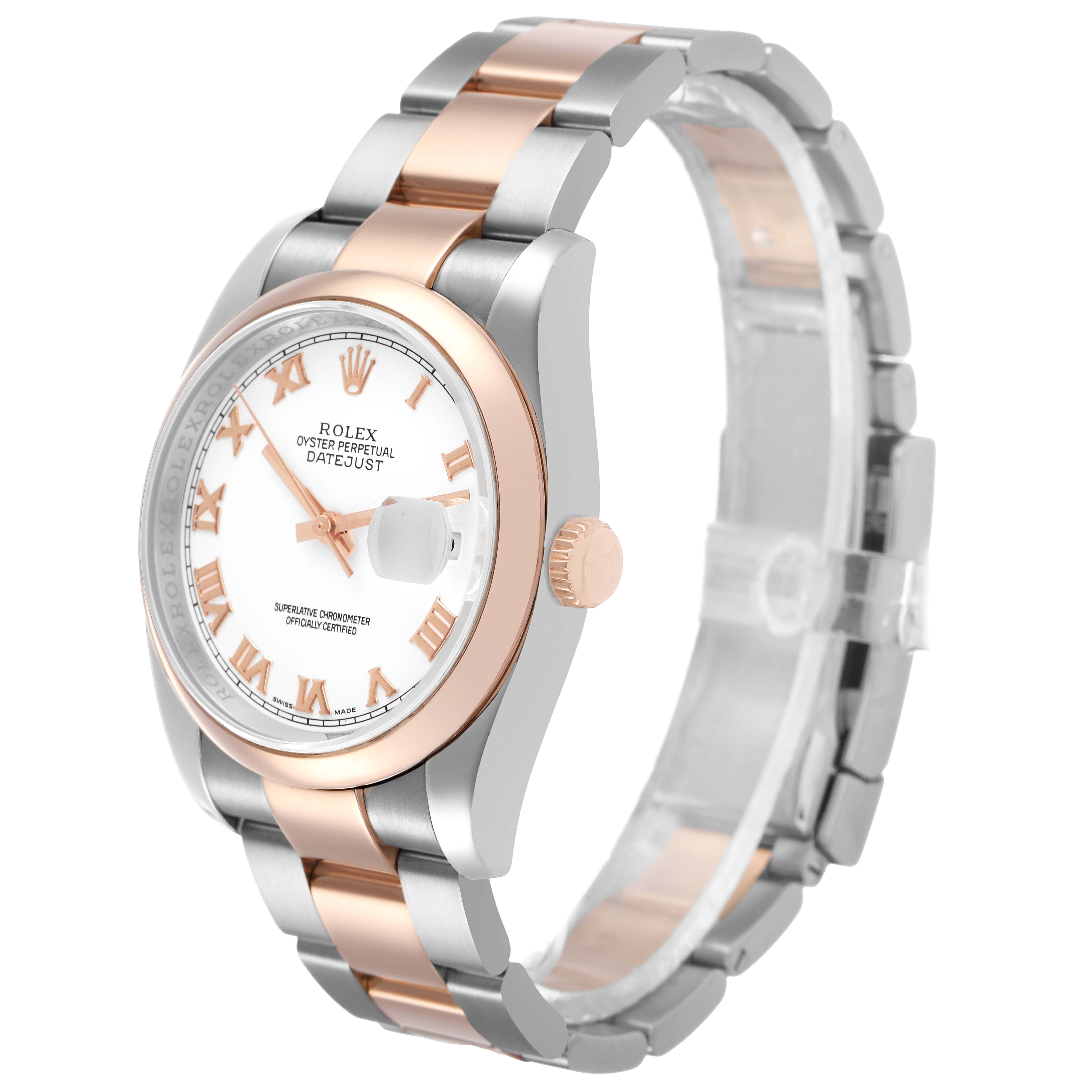 The Rolex Datejust 116201 Men's Stainless Steel White Dial watch is shown at an angled side view, highlighting the bracelet, crown, and dial.