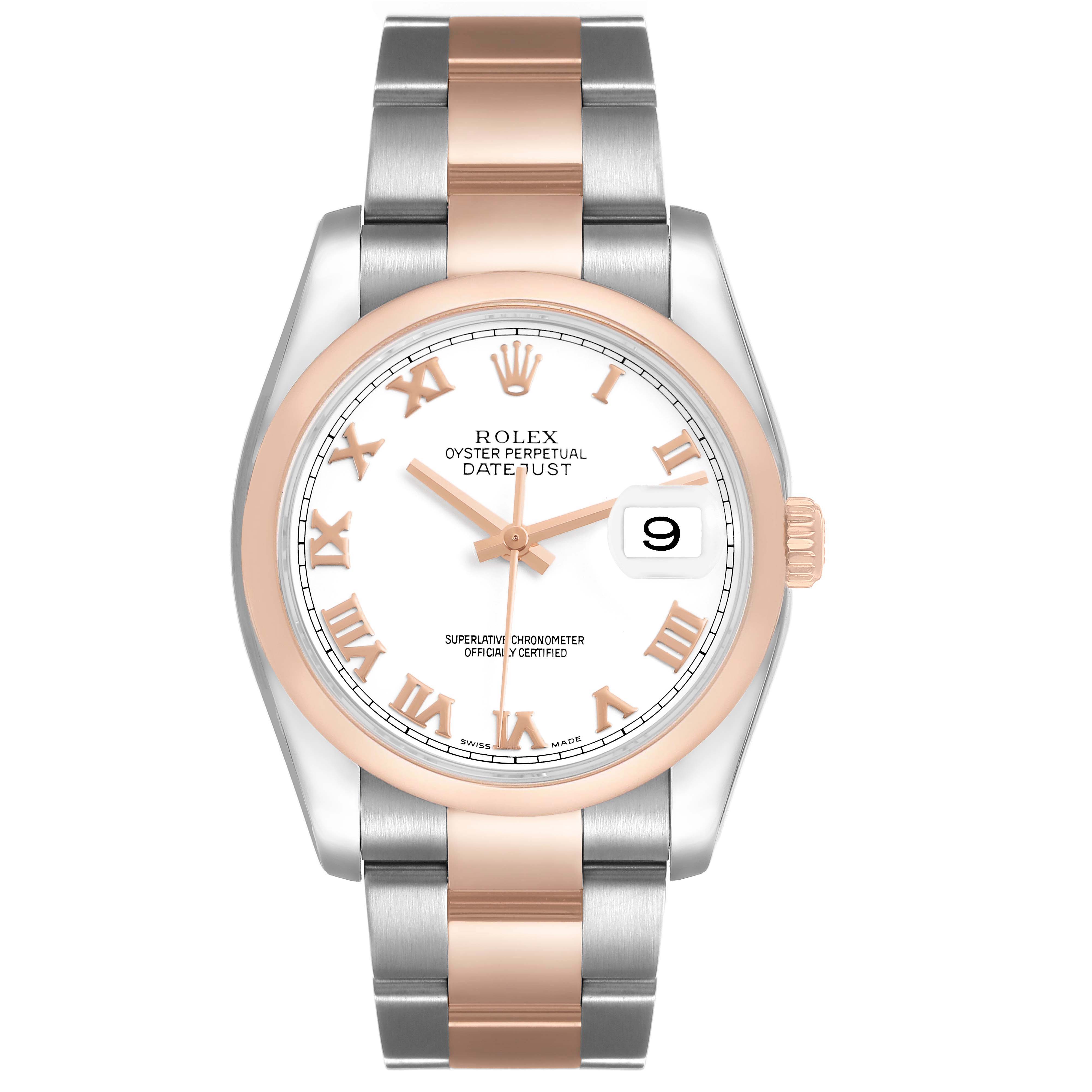 The Rolex Datejust 116201 Men's Stainless Steel White Dial watch is shown from a top-down angle, displaying its face, bezel, and bracelet.