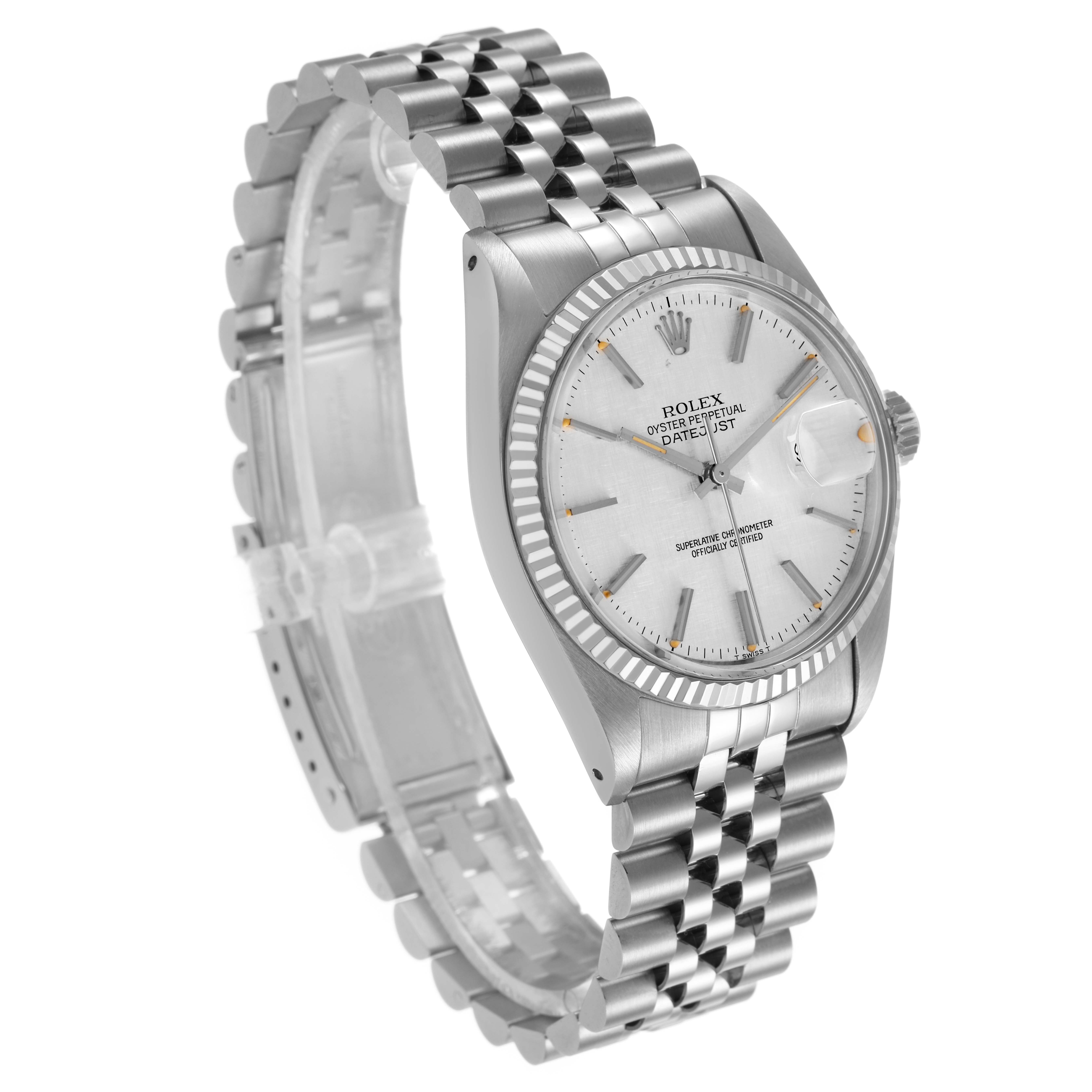 This Rolex Datejust 16014 Men's Stainless Steel Silver Dial watch is shown at a three-quarter angle, highlighting the face, bezel, and Jubilee bracelet.
