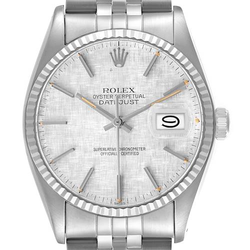 The Rolex Datejust 16014 Men's Stainless Steel Silver Dial watch is shown from the front, highlighting the dial, fluted bezel, and jubilee bracelet.