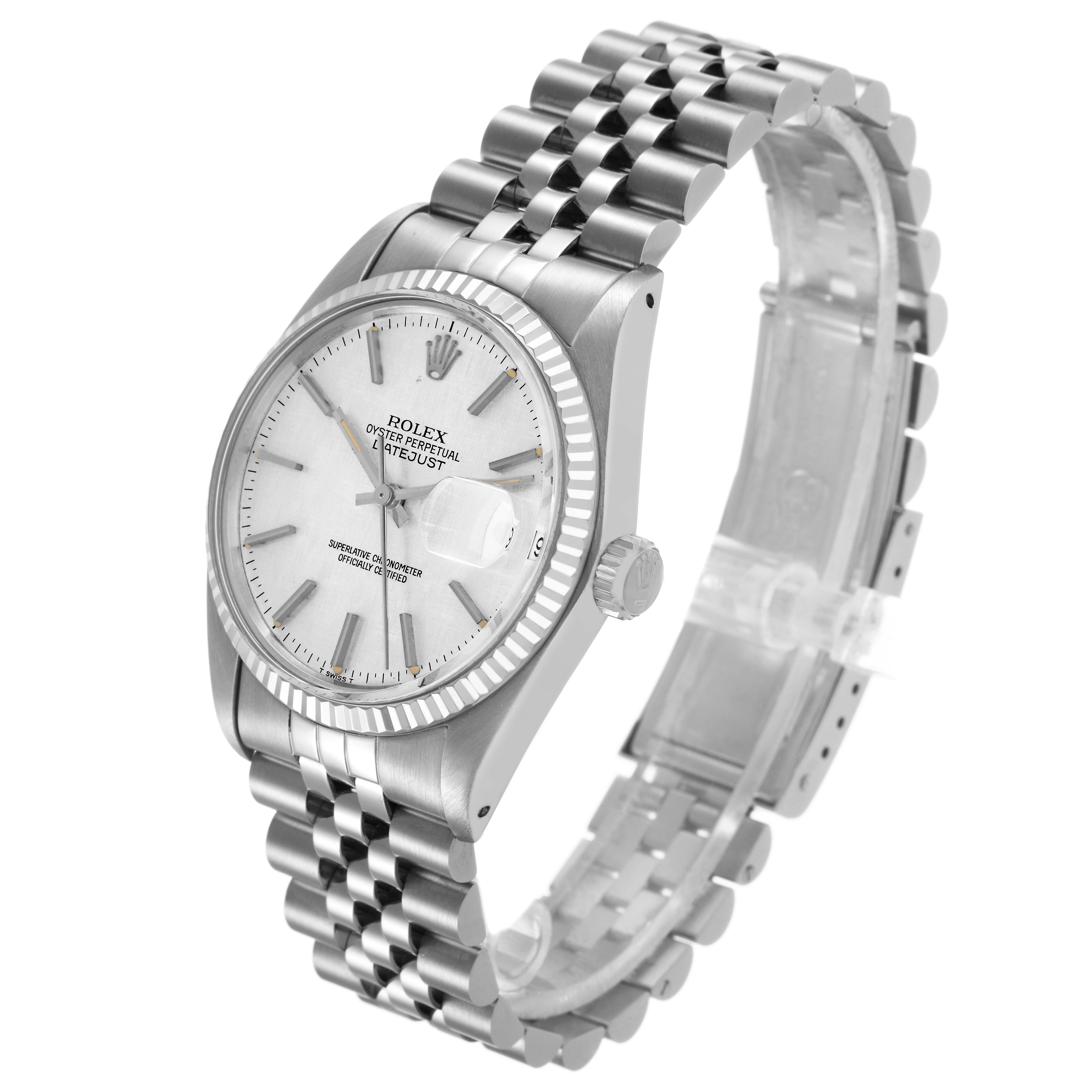 The Rolex Datejust 16014 Men's Stainless Steel Silver Dial watch is shown from a three-quarter view, highlighting the dial, bezel, crown, and Jubilee bracelet.