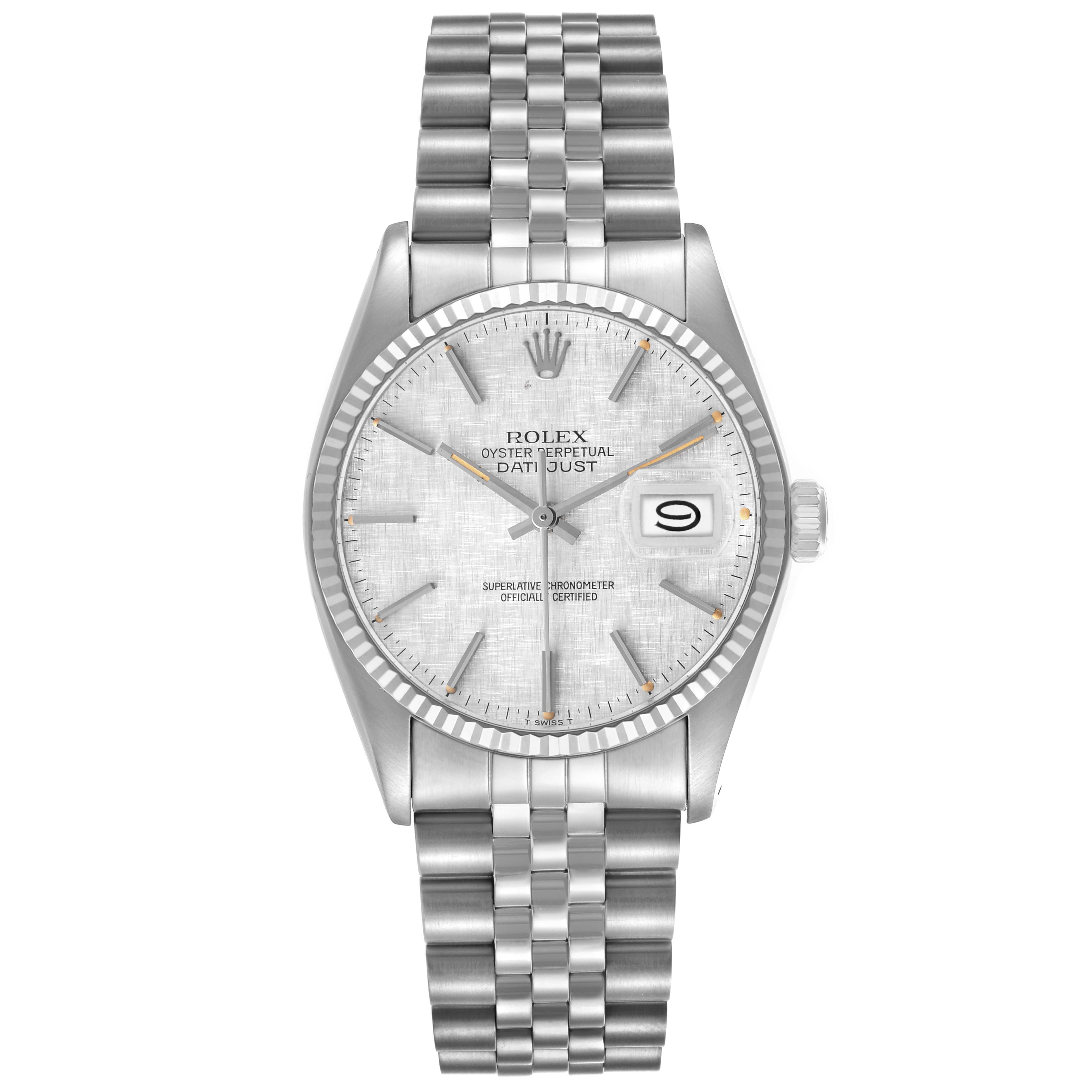 The Rolex Datejust 16014 Men's Stainless Steel Silver Dial watch is shown from a front angle, highlighting the face, bezel, and bracelet.