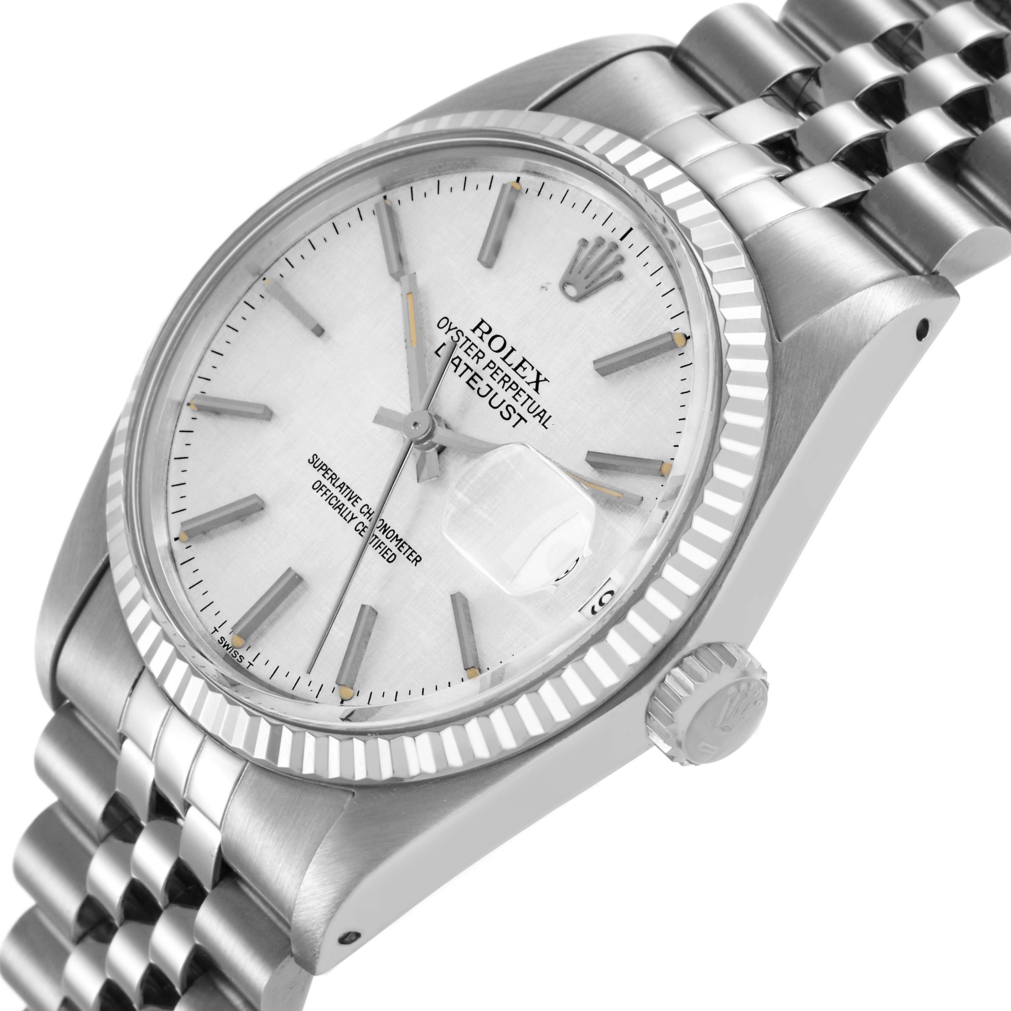 The Rolex Datejust 16014 Men's Stainless Steel Silver Dial watch is shown at a slight angle, highlighting the dial, fluted bezel, crown, and Jubilee bracelet.
