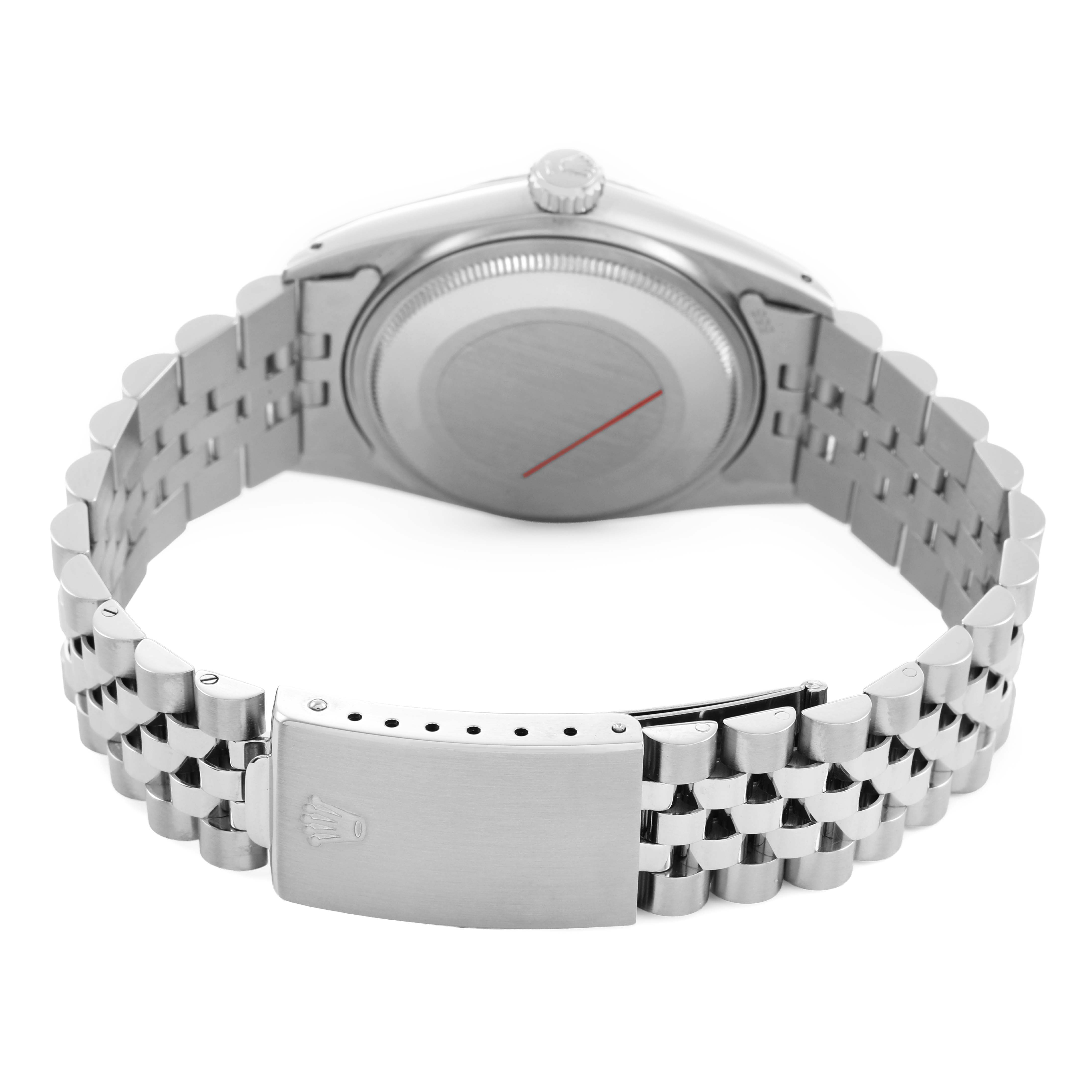 The image shows the back of a Rolex Datejust 16014 Men's Stainless Steel Silver Dial watch, highlighting the clasp, bracelet, and case back.
