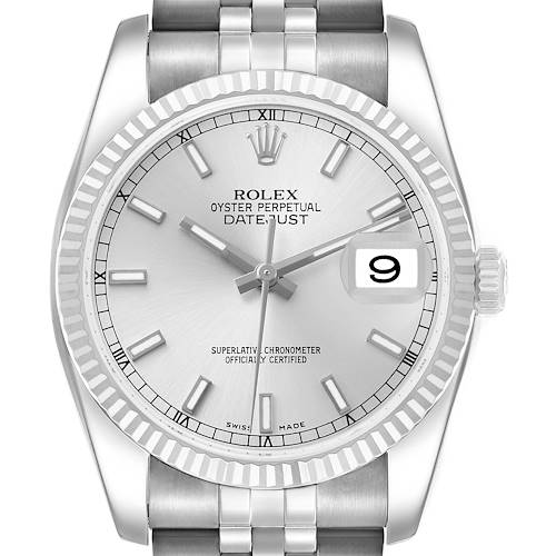 The image shows a front view of a Rolex Datejust 116234 Men's Stainless Steel Silver Dial, focusing on the dial, bezel, and partial bracelet.