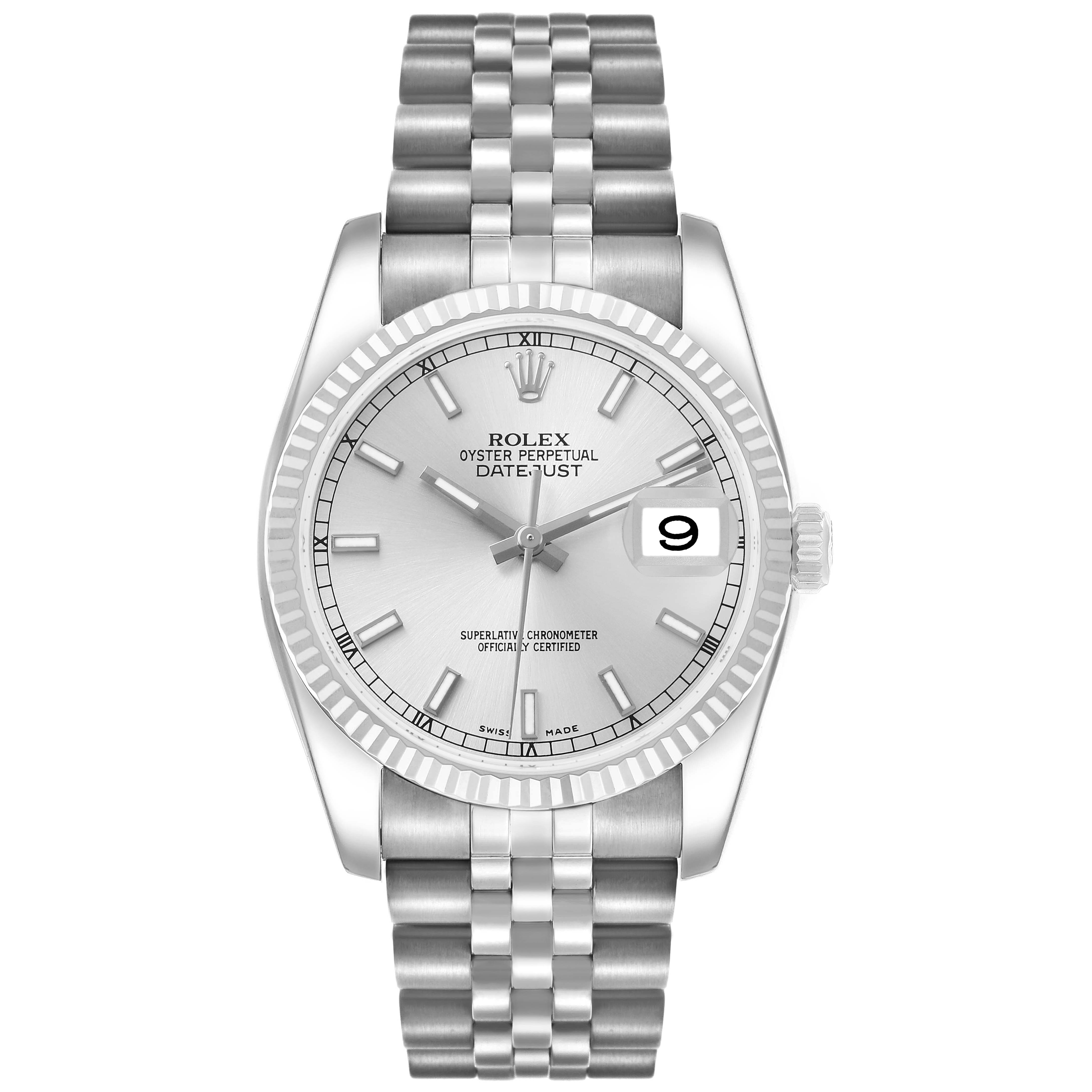 The Rolex Datejust 116234 Men's Stainless Steel Silver Dial watch is shown from the front, highlighting its dial, bezel, and bracelet.