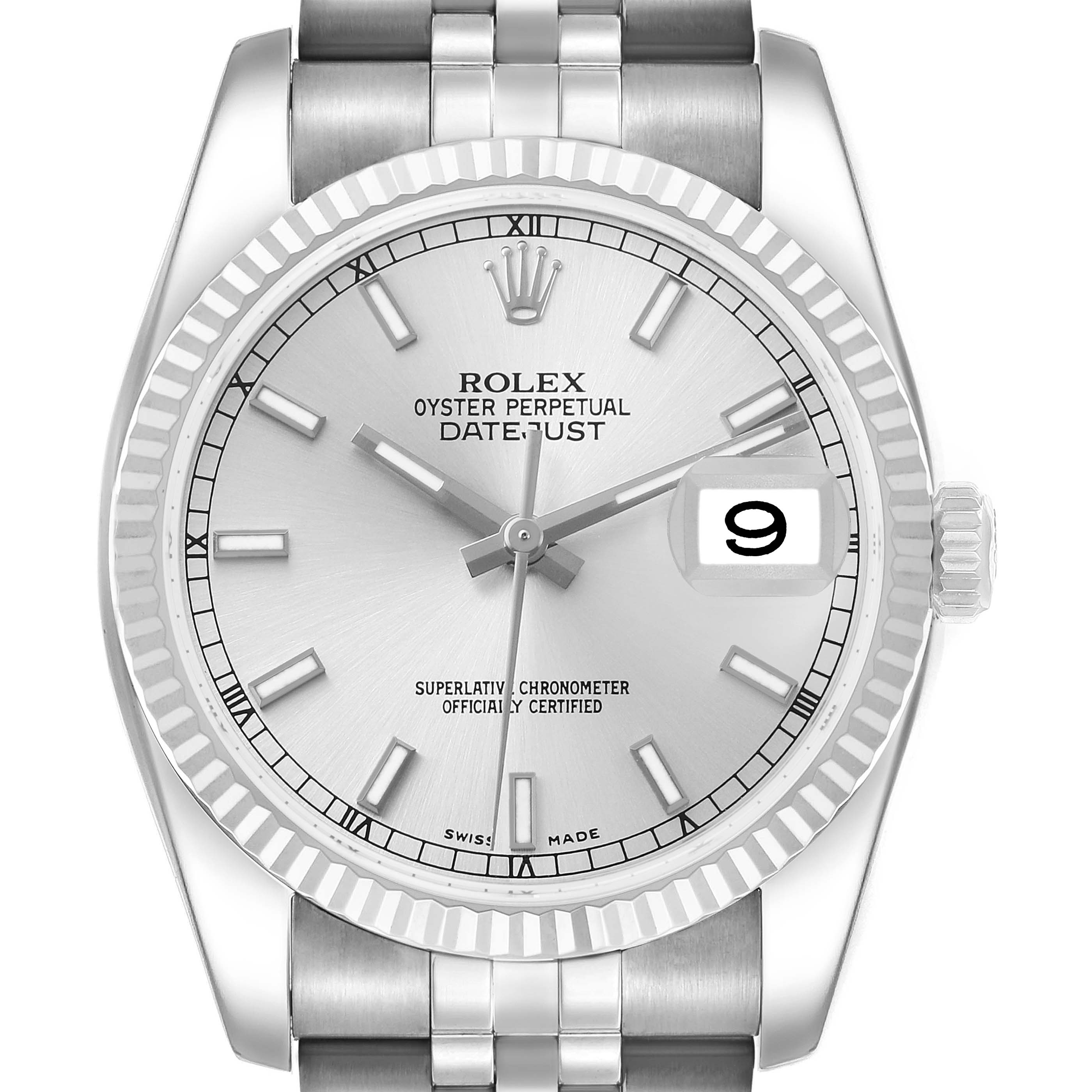 The image shows a front view of the Rolex Datejust 116234 Men's Stainless Steel Silver Dial, highlighting its face, bezel, and part of the bracelet.