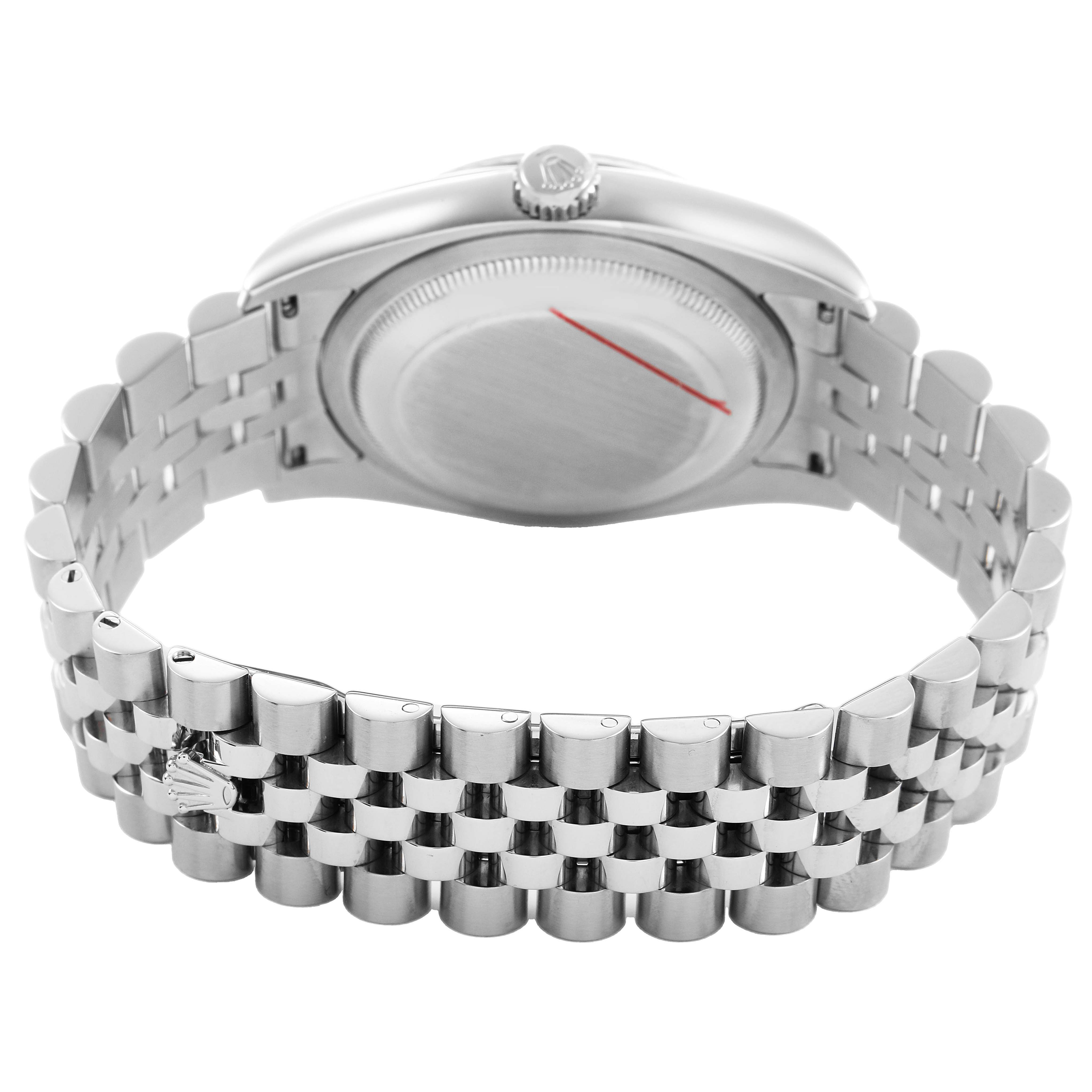 The image shows the back of a Rolex Datejust 116234 Men's Stainless Steel Silver Dial watch, highlighting the case back, crown, and Jubilee bracelet.