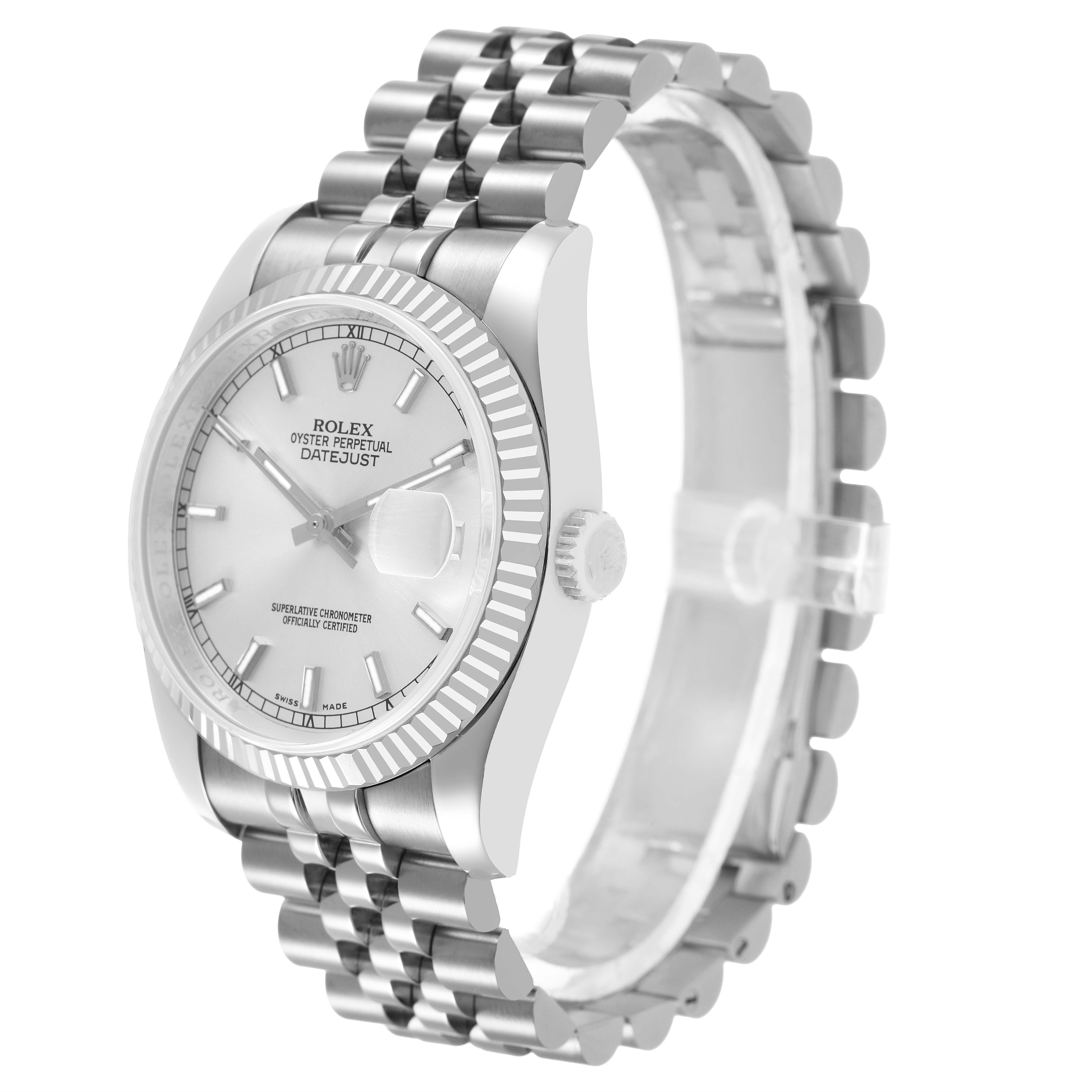 The Rolex Datejust 116234 Men's Stainless Steel Silver Dial watch is shown at an angled view, highlighting the bracelet, dial, bezel, and side crown.