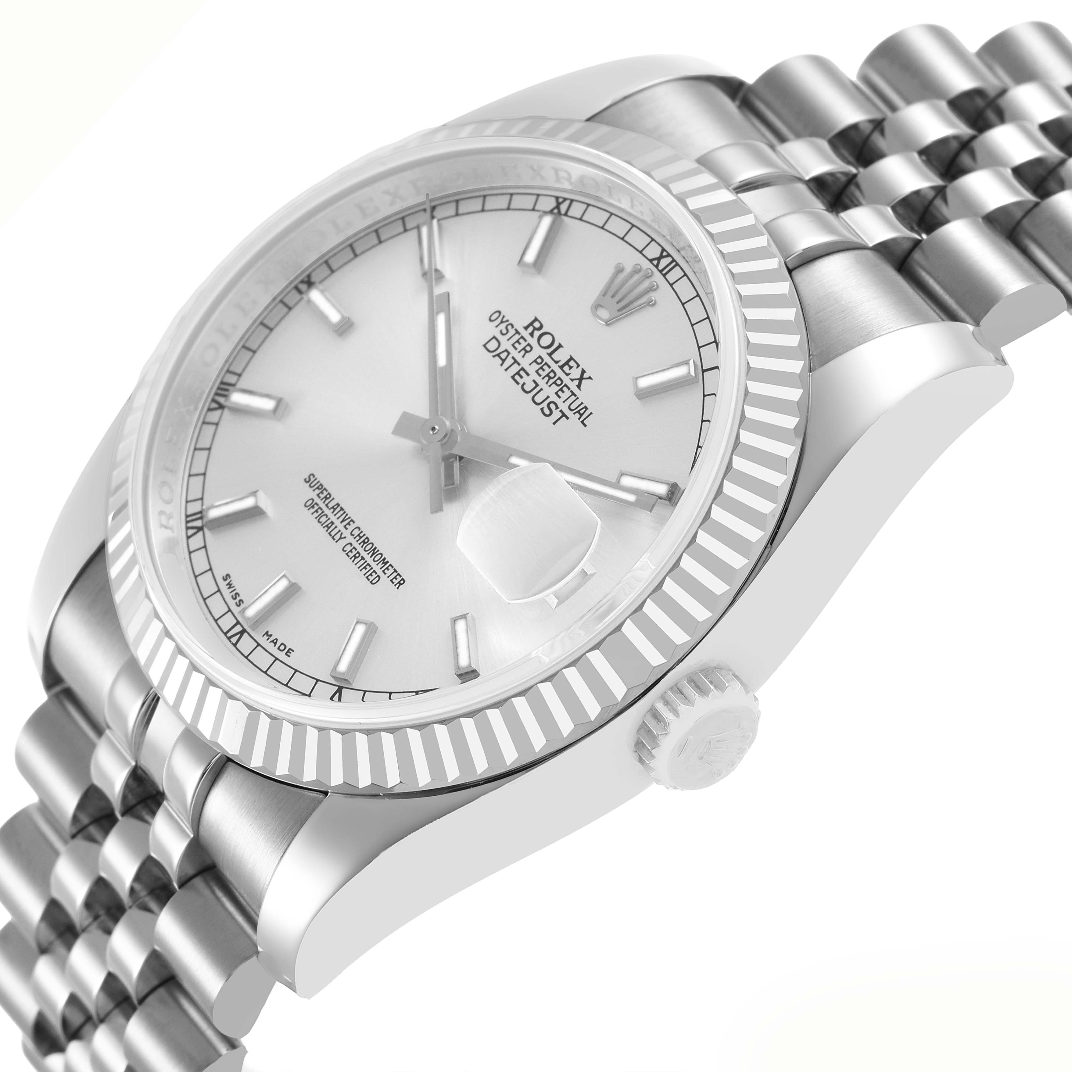 The Rolex Datejust 116234 Men's Stainless Steel Silver Dial watch is shown at an angled side view, highlighting the bezel, dial, and bracelet.
