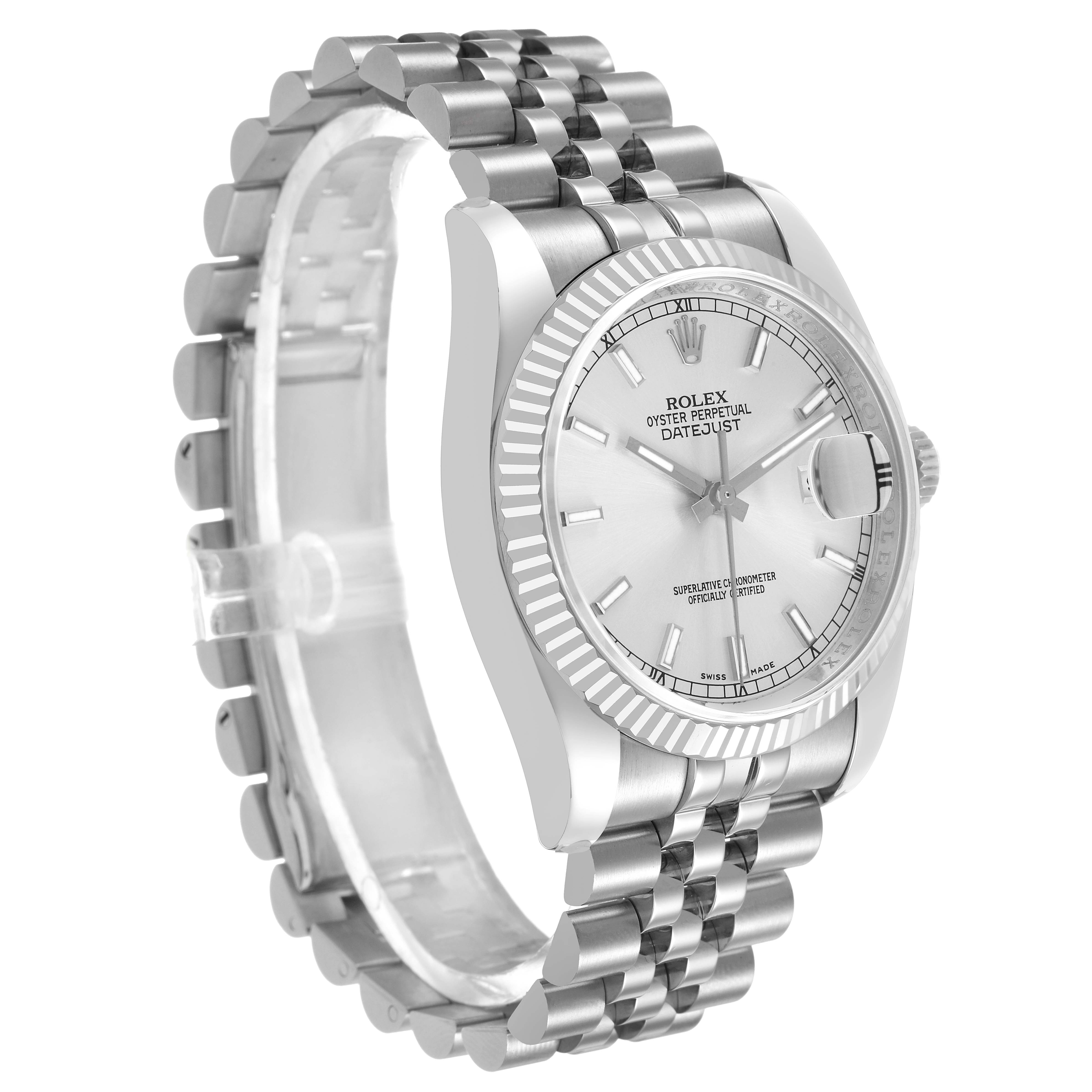 The Rolex Datejust 116234 Men's Stainless Steel Silver Dial watch is shown at a three-quarter angle, highlighting the dial, bezel, and Jubilee bracelet.