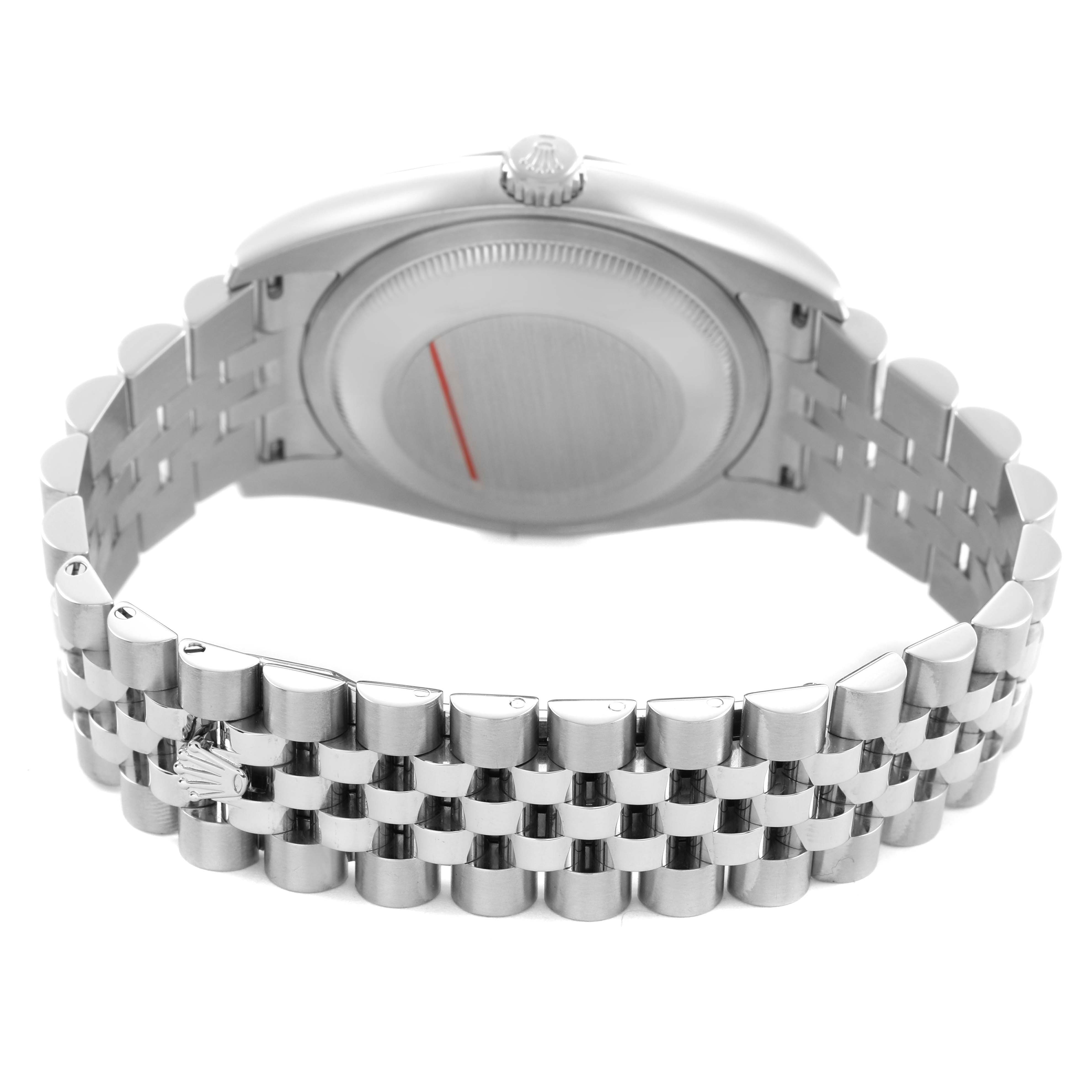 The image shows the back and side of a Rolex Datejust 116234 Men's Stainless Steel Silver Dial watch, focusing on the bracelet and case back.