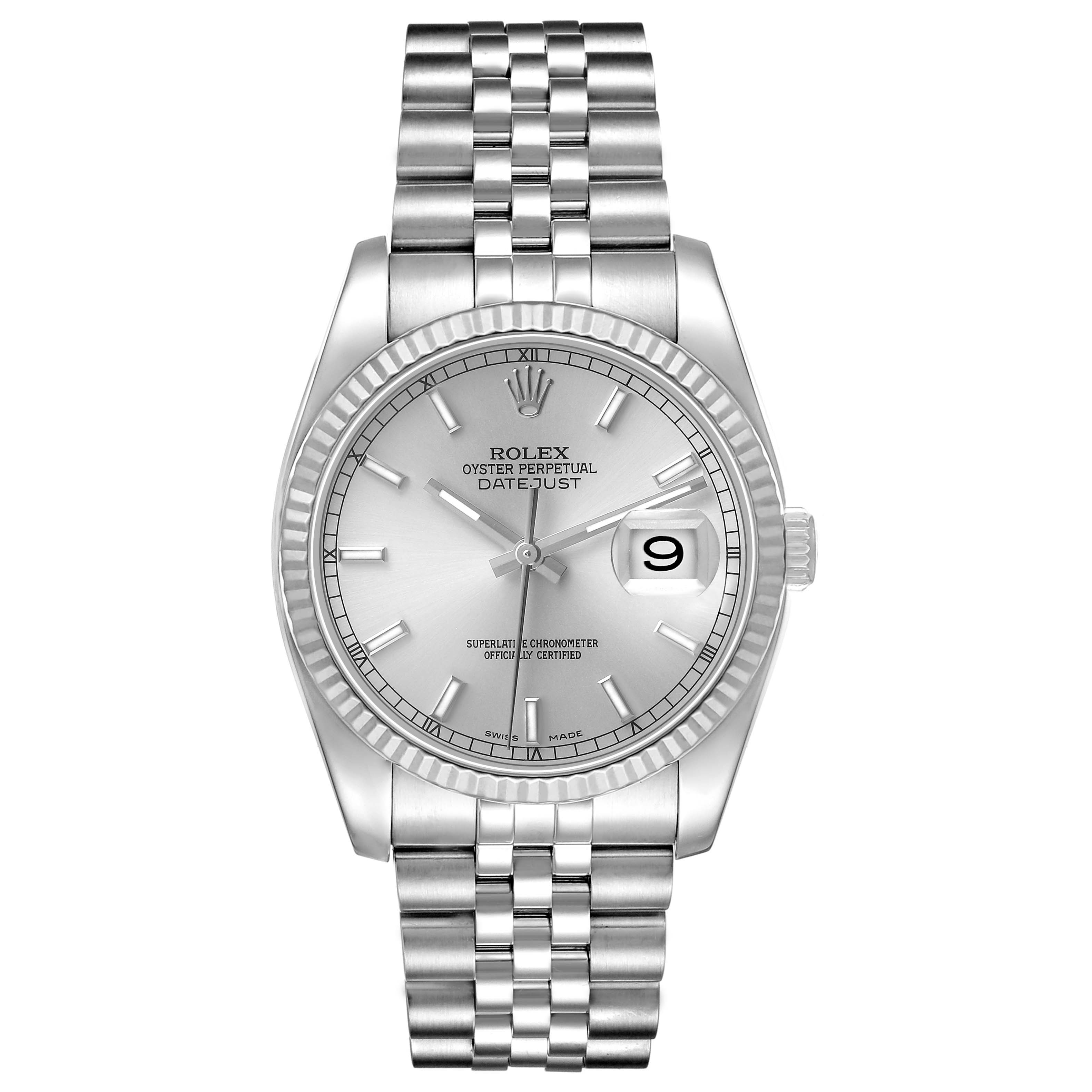 The Rolex Datejust 116234 Men's Stainless Steel Silver Dial is shown from a frontal angle, displaying the dial, fluted bezel, and Jubilee bracelet.
