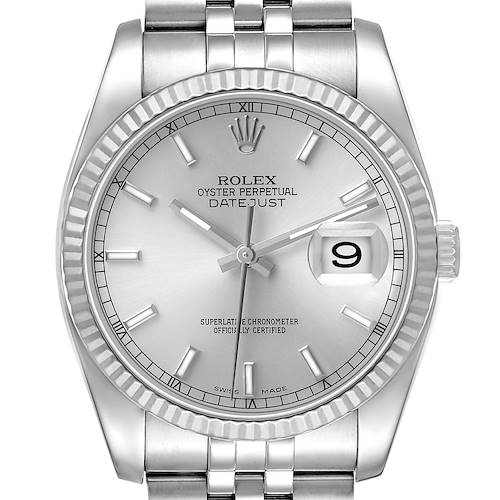 The image shows a front view of the Rolex Datejust 116234 Men's Stainless Steel Silver Dial with its fluted bezel, dial, hands, and bracelet clearly visible.