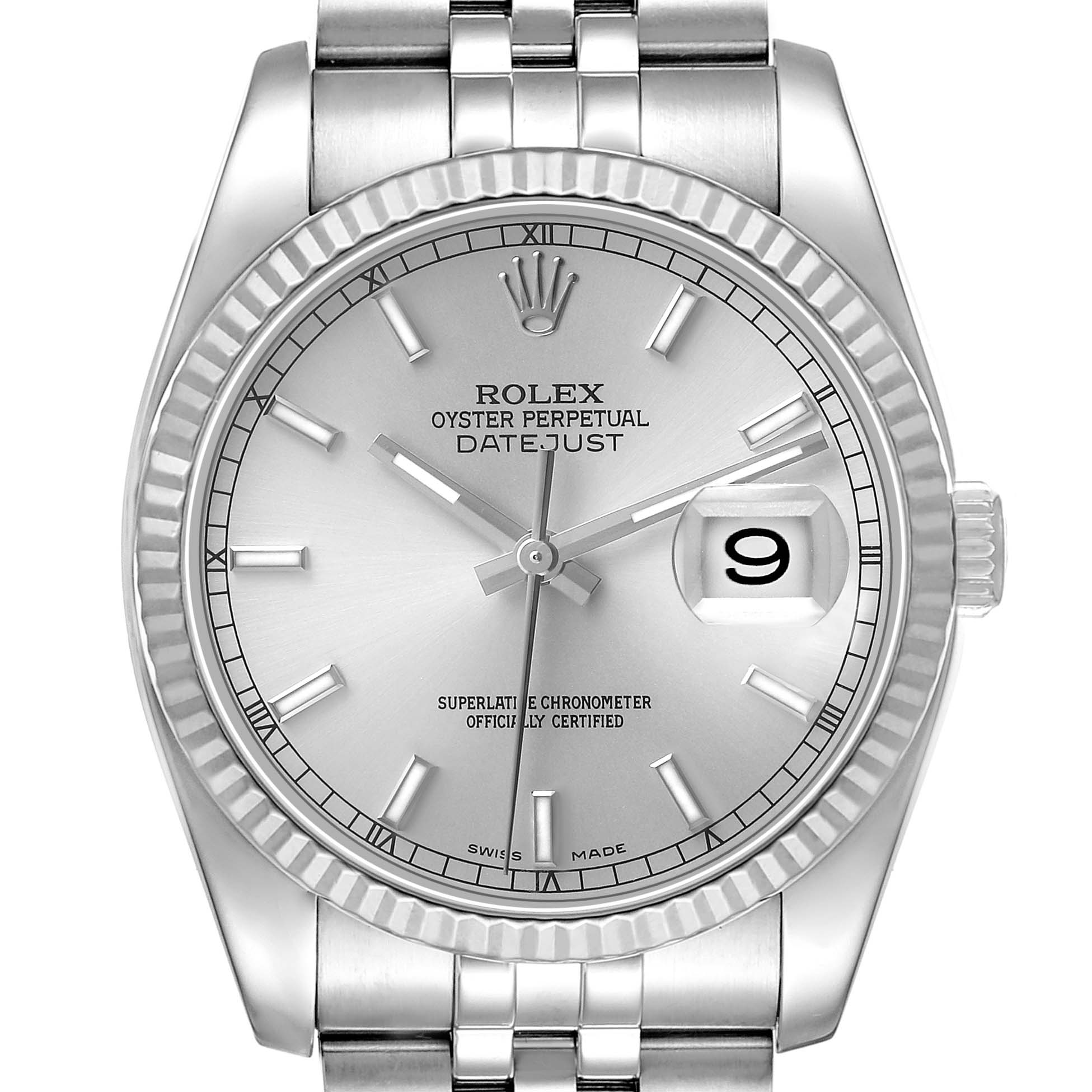 The Rolex Datejust 116234 Men's Stainless Steel Silver Dial watch is shown from a front angle, featuring its dial face, bezel, and part of the bracelet.