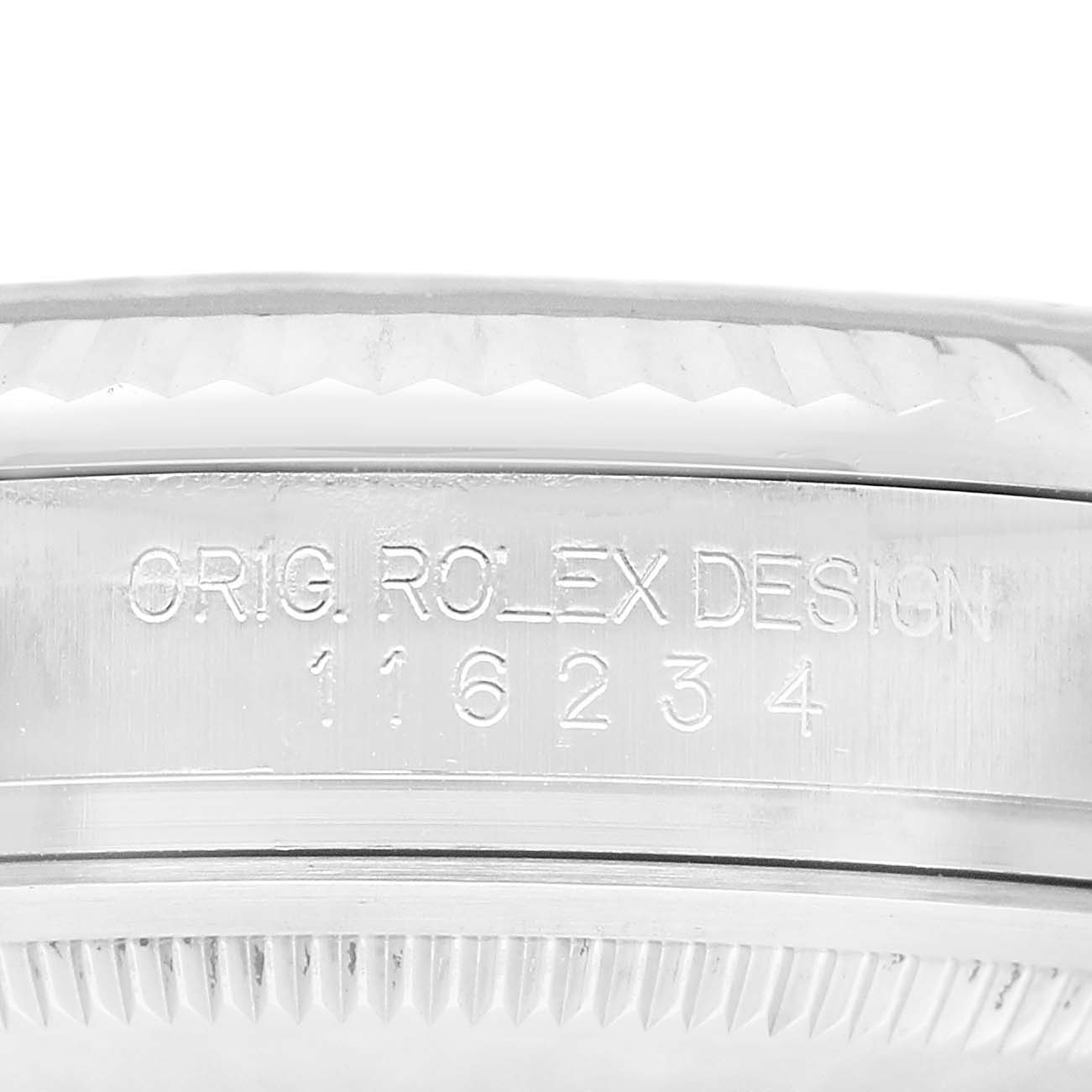 The image shows a close-up of the side engraving on a Rolex Datejust 116234 Men's Stainless Steel Silver Dial, highlighting the model number.