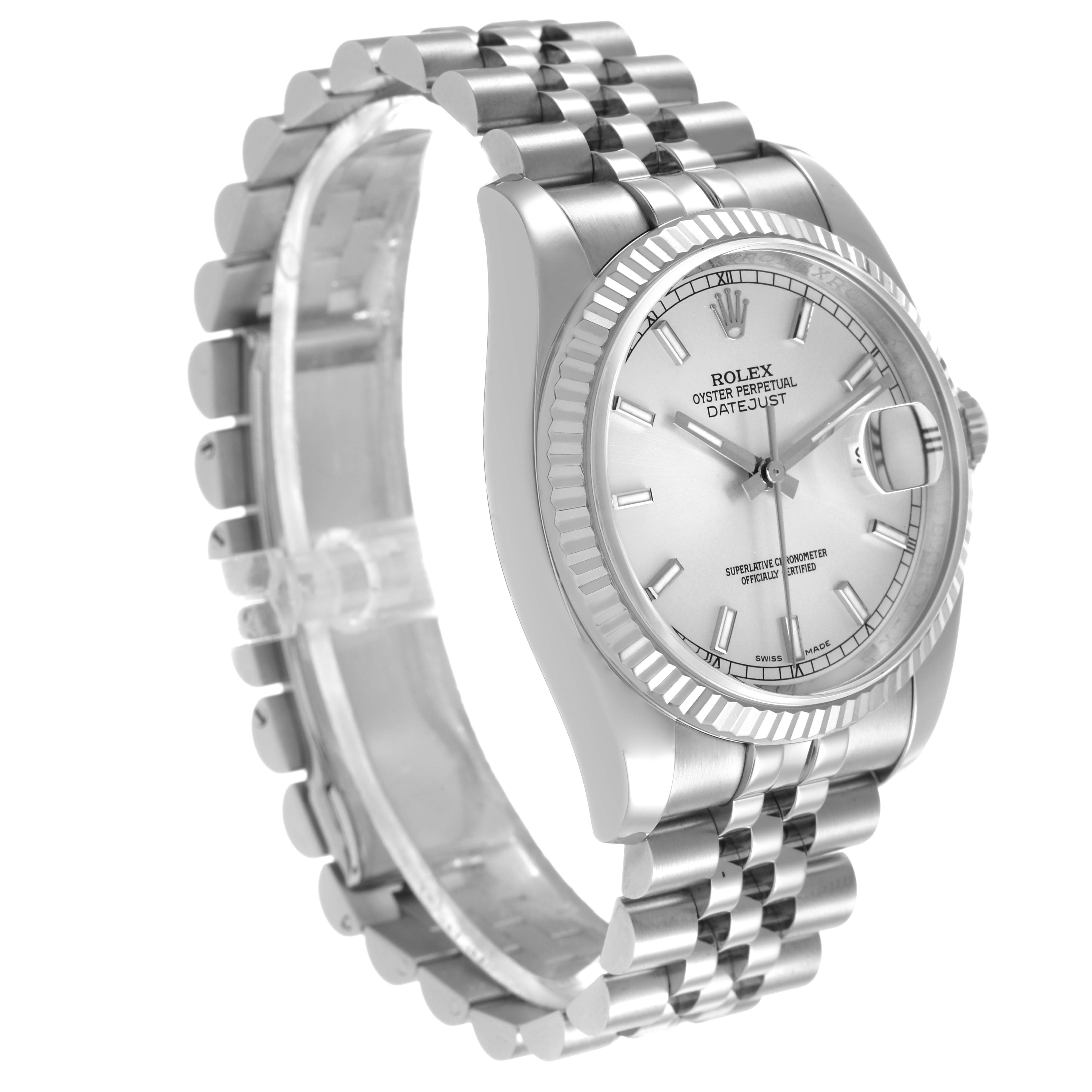 The image shows a Rolex Datejust 116234 Men's Stainless Steel Silver Dial watch at a three-quarter angle, highlighting the dial, fluted bezel, and Jubilee bracelet.