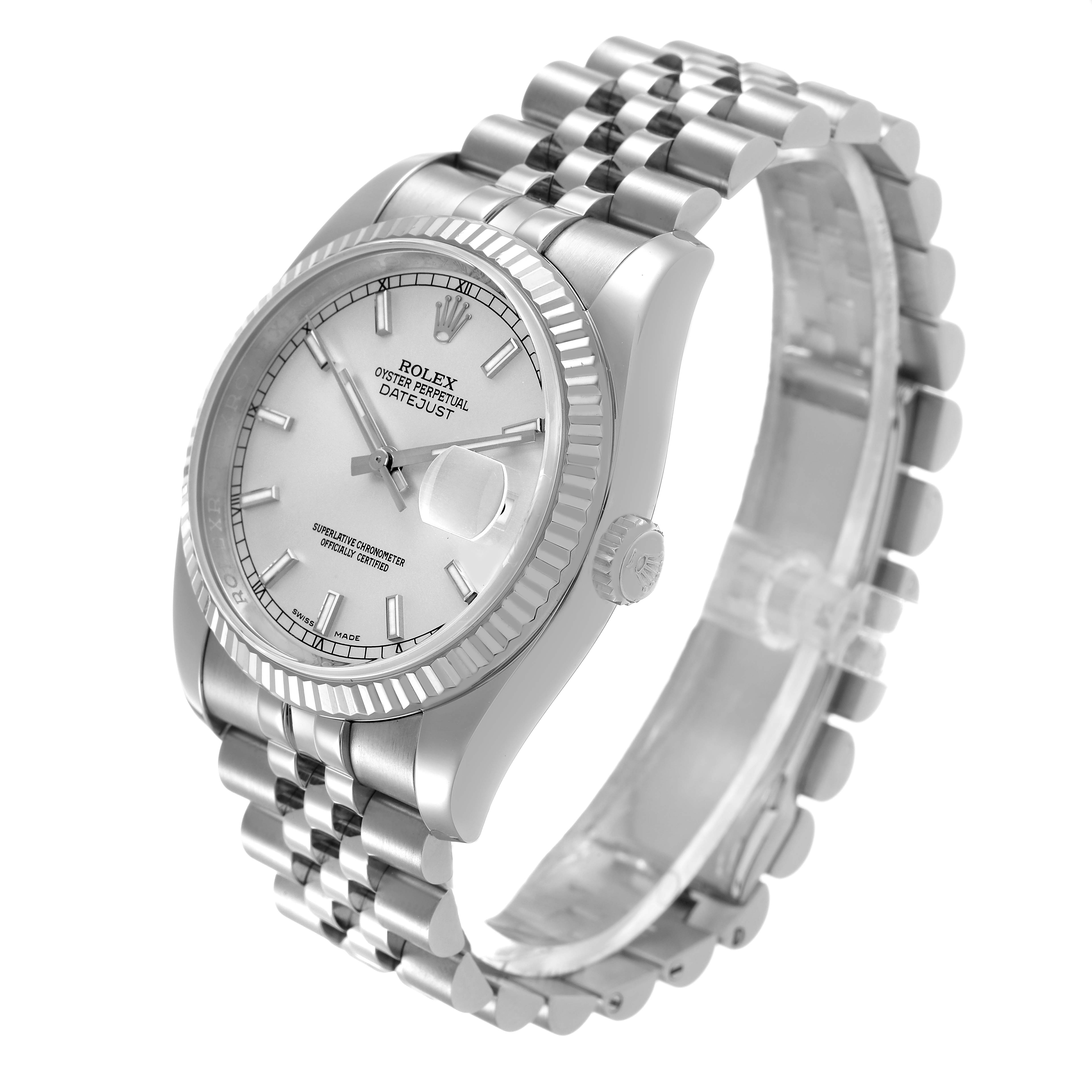 The Rolex Datejust 116234 Men's Stainless Steel Silver Dial watch is shown at a slight angle, displaying the face, bezel, crown, and bracelet.