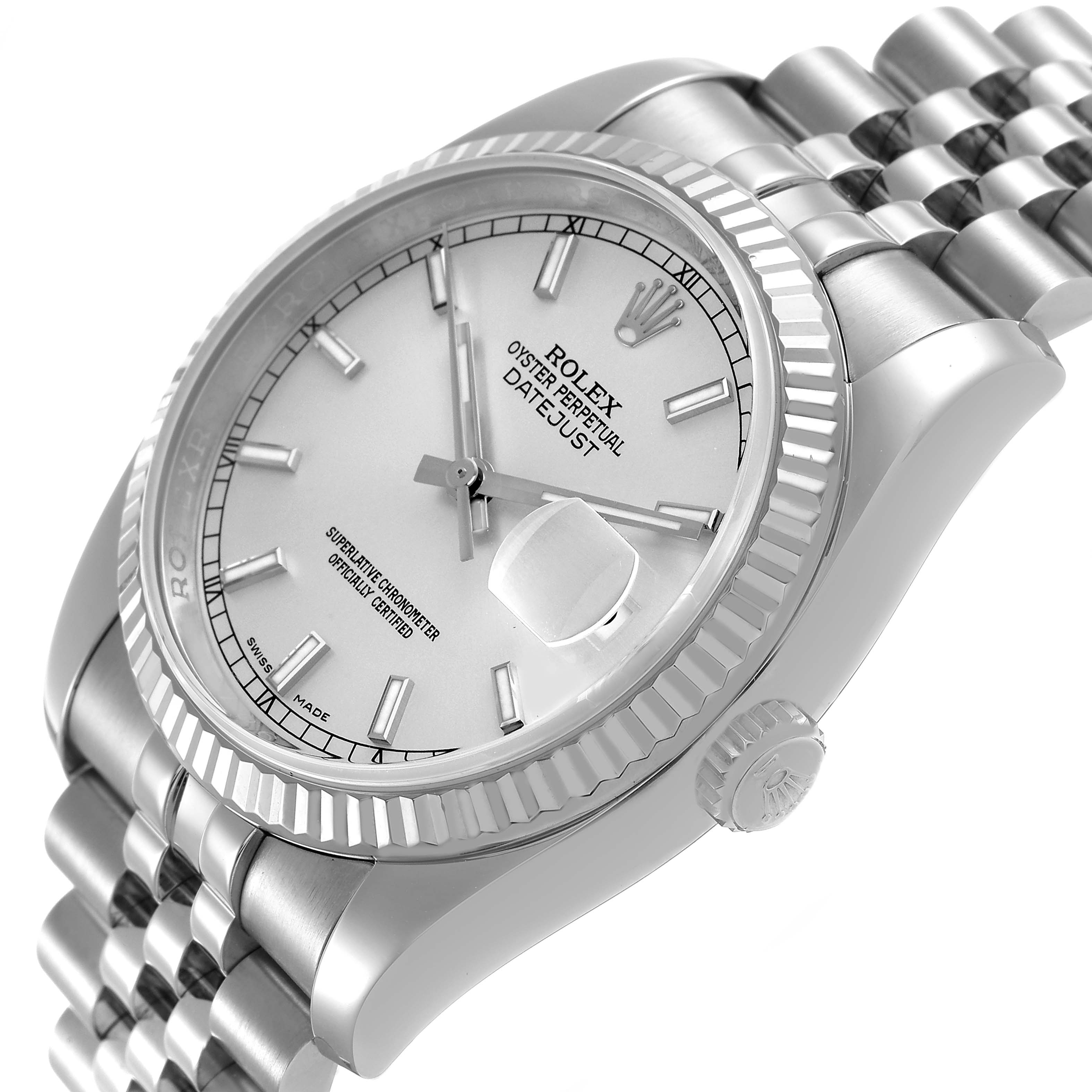 The Rolex Datejust 116234 Men's Stainless Steel Silver Dial watch is shown at a slight angle, featuring the dial, bezel, bracelet, and crown.