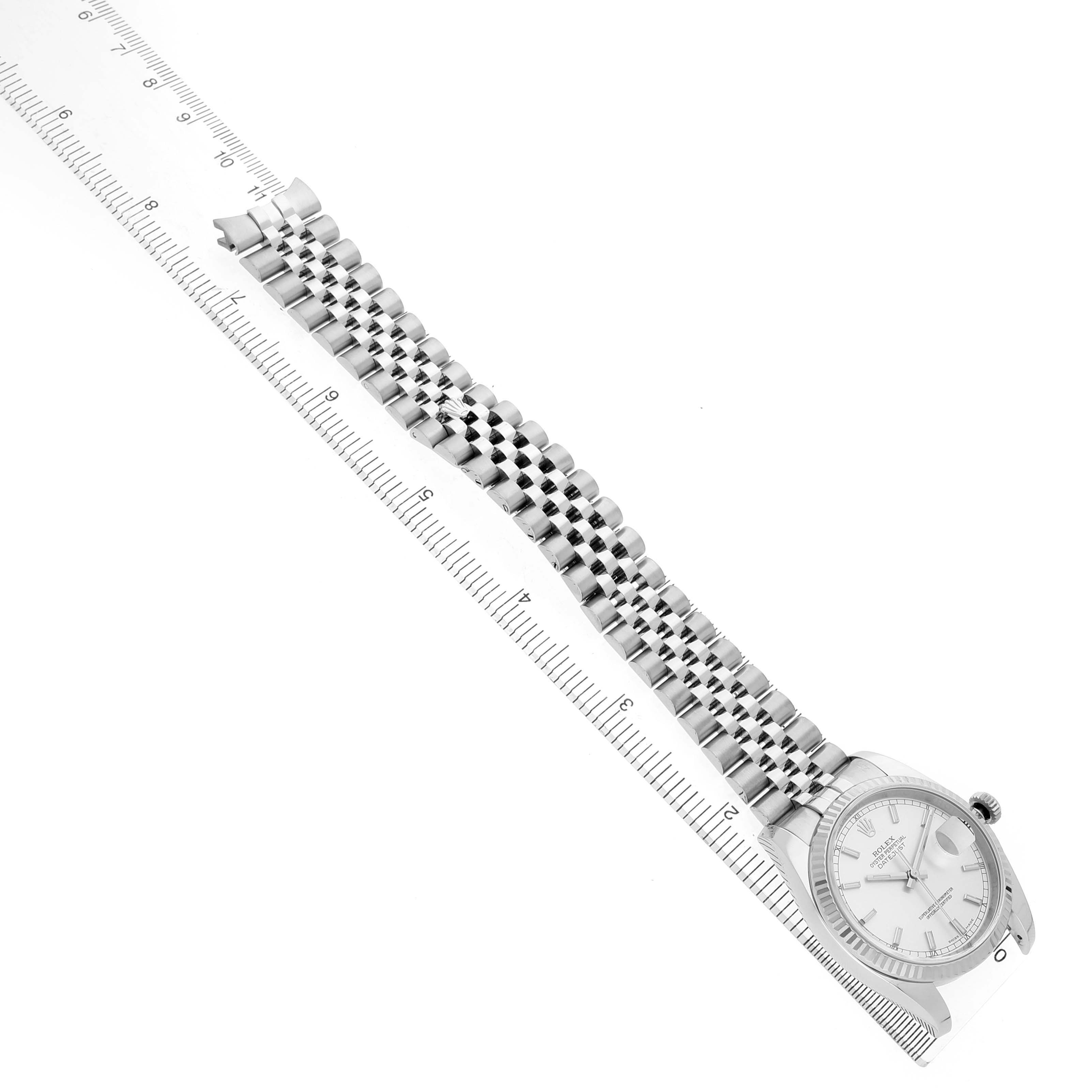 The image shows a Rolex Datejust 116234 Men's Stainless Steel Silver Dial watch at a slight angle, focusing on the full bracelet and the watch face.