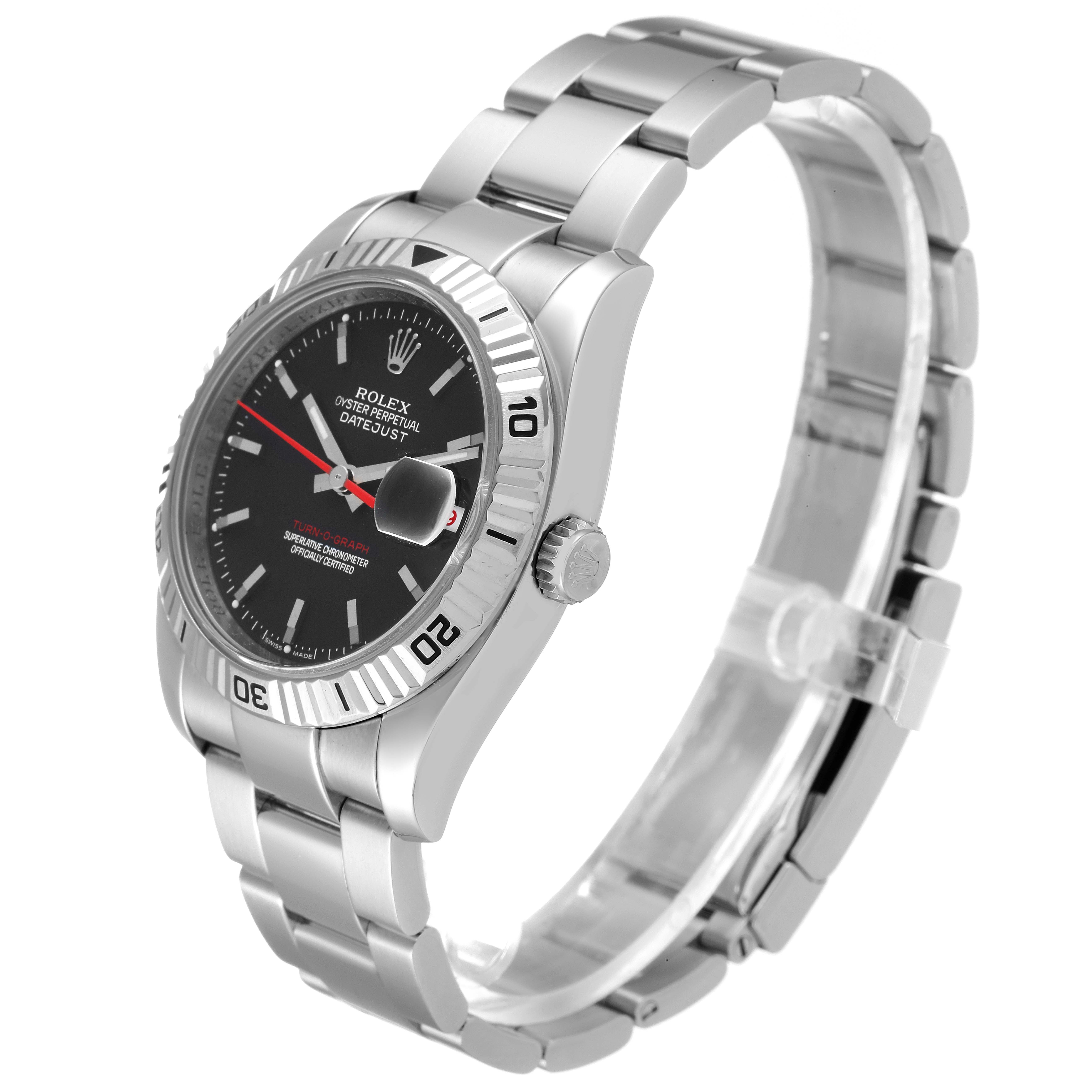 The image shows a Rolex Turn-o-Graph 116264 Men
s Stainless Steel Black Dial 116264 Men
s Stainless Steel Black Dial model from a front-side angle, displaying the bezel, dial, crown, and stainless steel bracelet.