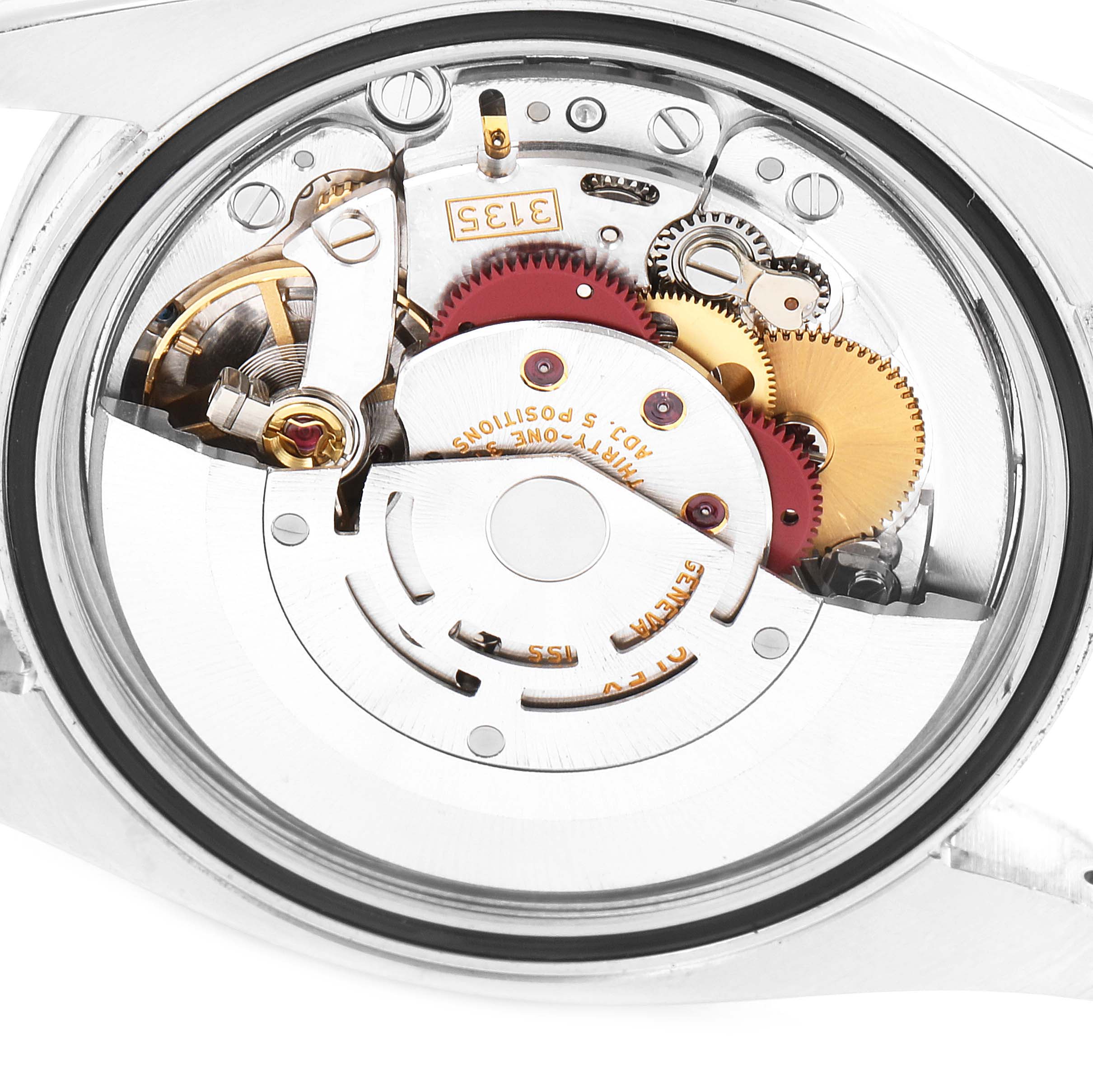This image shows the intricate internal mechanism of a Rolex Turn-o-Graph 116264 Men
s Stainless Steel Black Dial 116264 Men
s Stainless Steel Black Dial watch from a rear perspective.