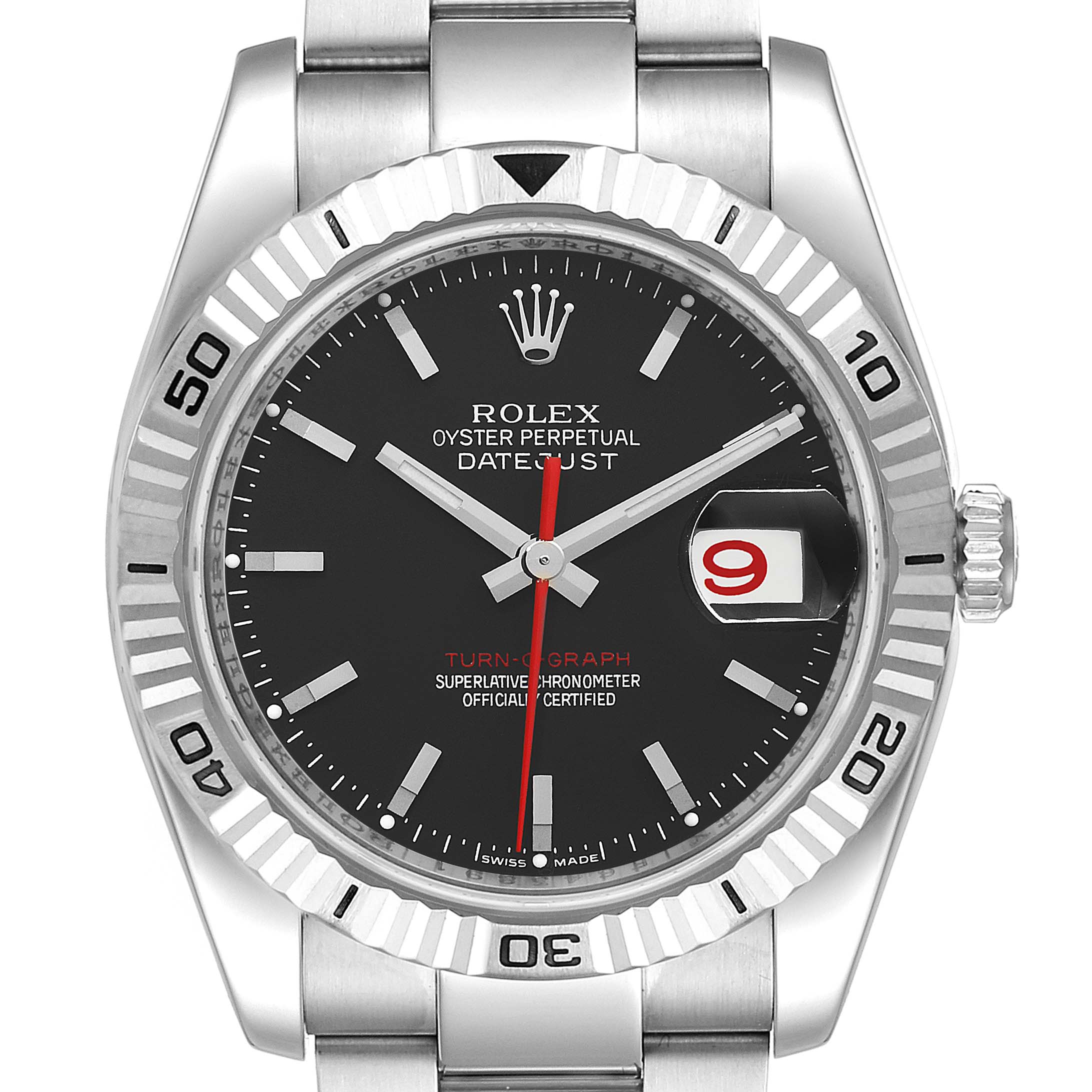 The image shows a front view of a Rolex Turn-o-Graph 116264 Men
s Stainless Steel Black Dial 116264 Men
s Stainless Steel Black Dial watch, highlighting its dial, bezel, crown, and bracelet.