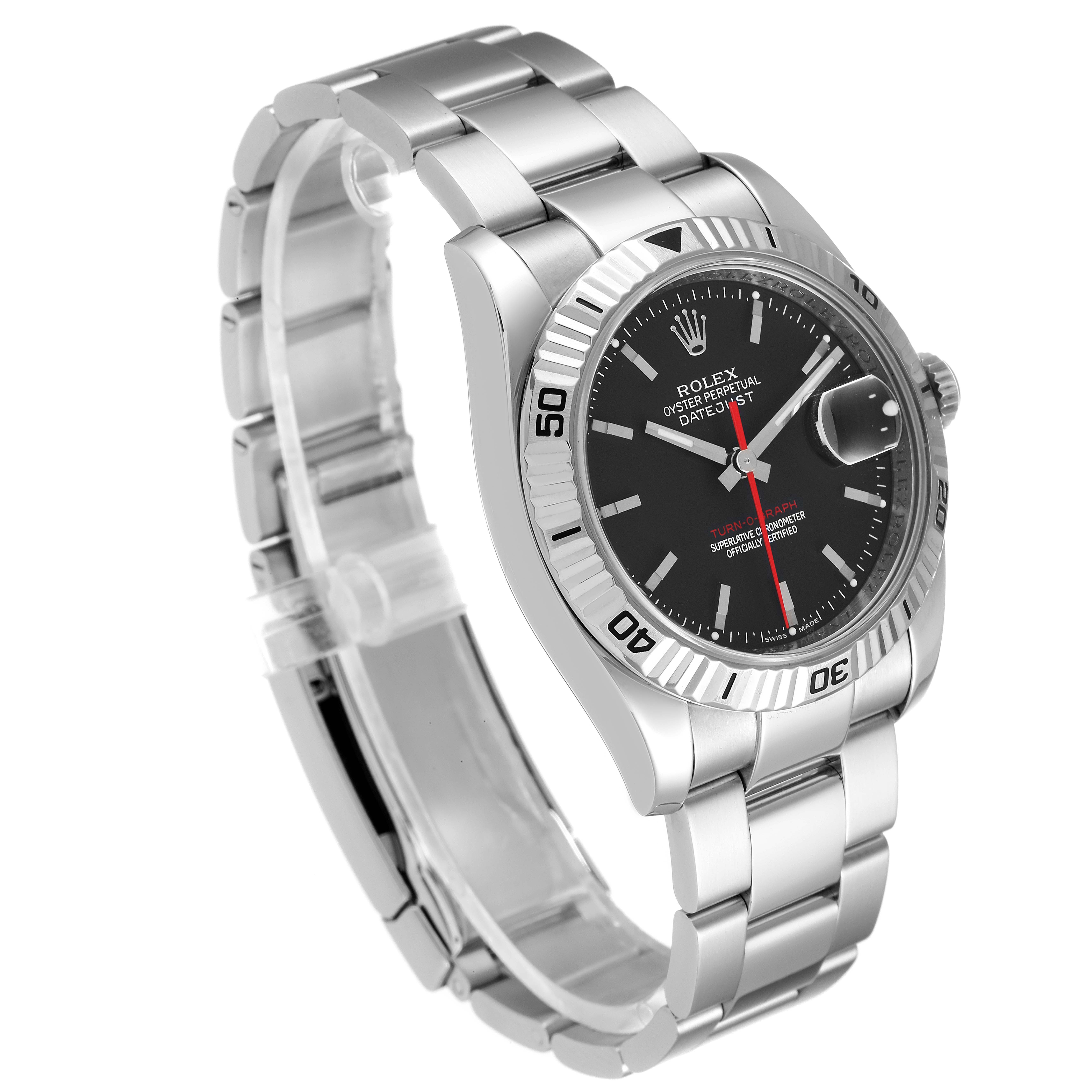 The image shows a Rolex Turn-o-Graph 116264 Men
s Stainless Steel Black Dial 116264 Men
s Stainless Steel Black Dial watch at an angled side view, featuring the bracelet, dial, and bezel.