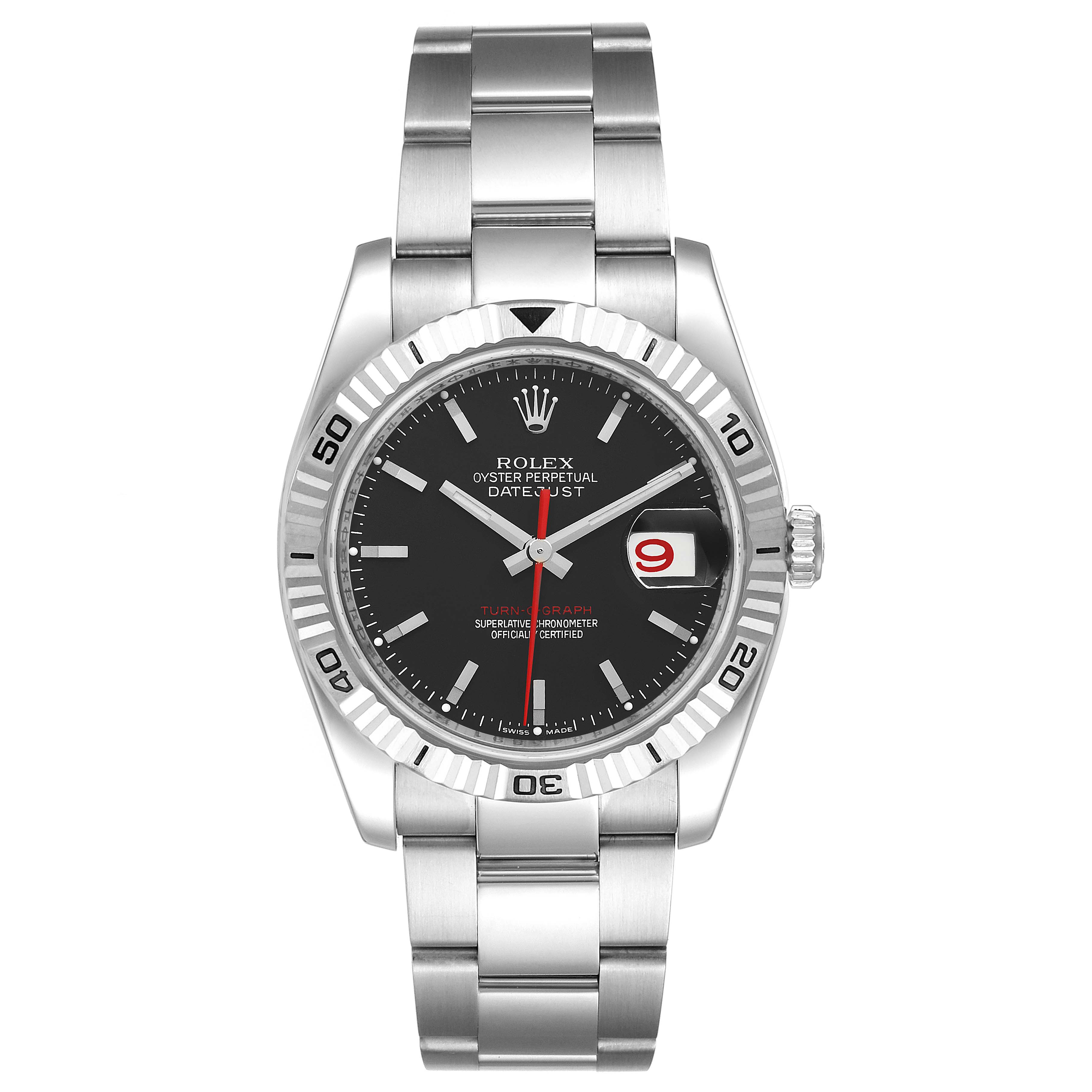 This image shows a Rolex Turn-o-Graph 116264 Men
s Stainless Steel Black Dial 116264 Men
s Stainless Steel Black Dial model watch from a front view, highlighting its face, bezel, and bracelet.