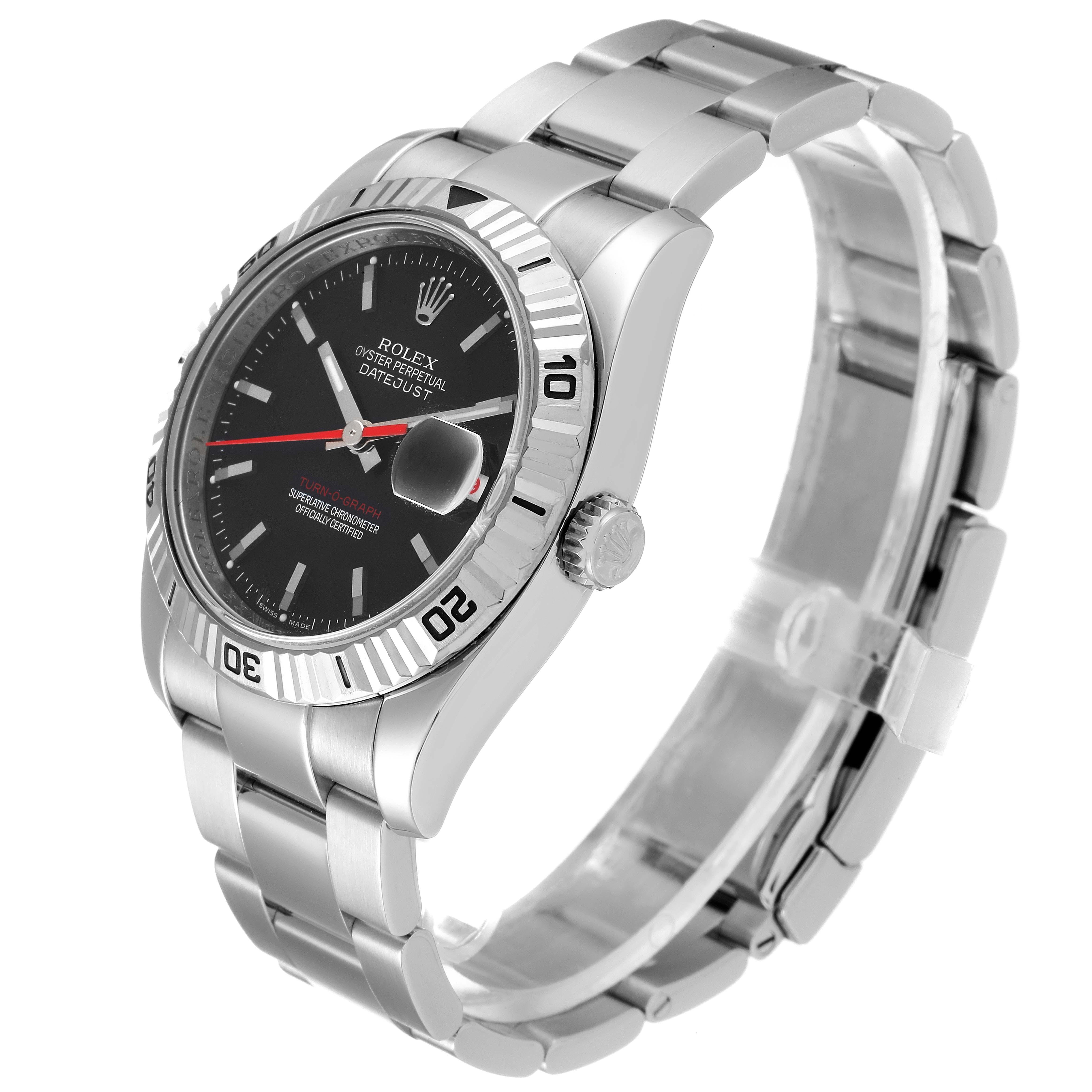 The image shows a side angle view of a Rolex Turn-o-Graph 116264 Men
s Stainless Steel Black Dial 116264 Men
s Stainless Steel Black Dial watch, highlighting its stainless steel case, bezel, and bracelet.