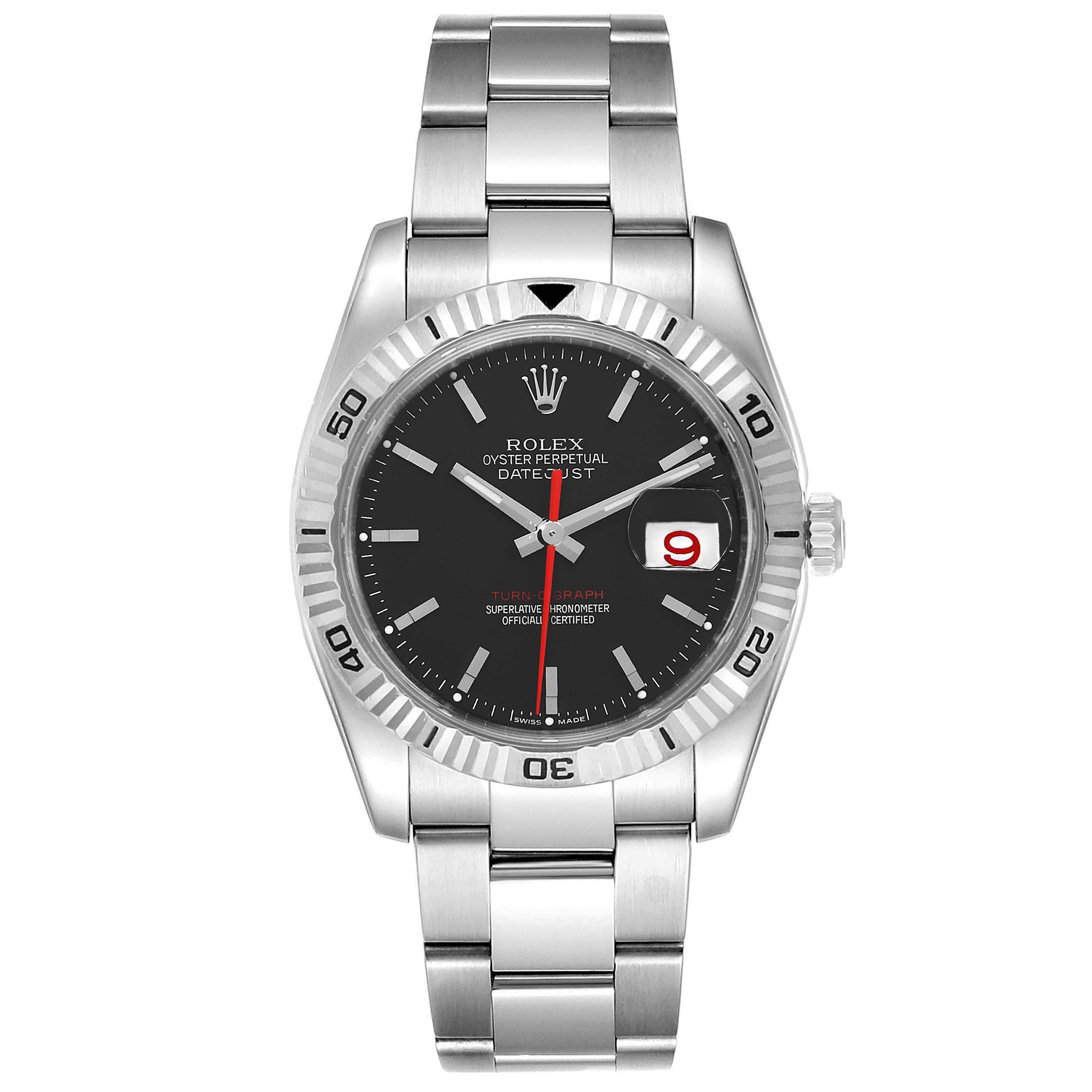 The Rolex Turn-o-Graph 116264 Men
s Stainless Steel Black Dial 116264 Men
s Stainless Steel Black Dial watch is shown from a front angle, highlighting its face, bezel, and bracelet.