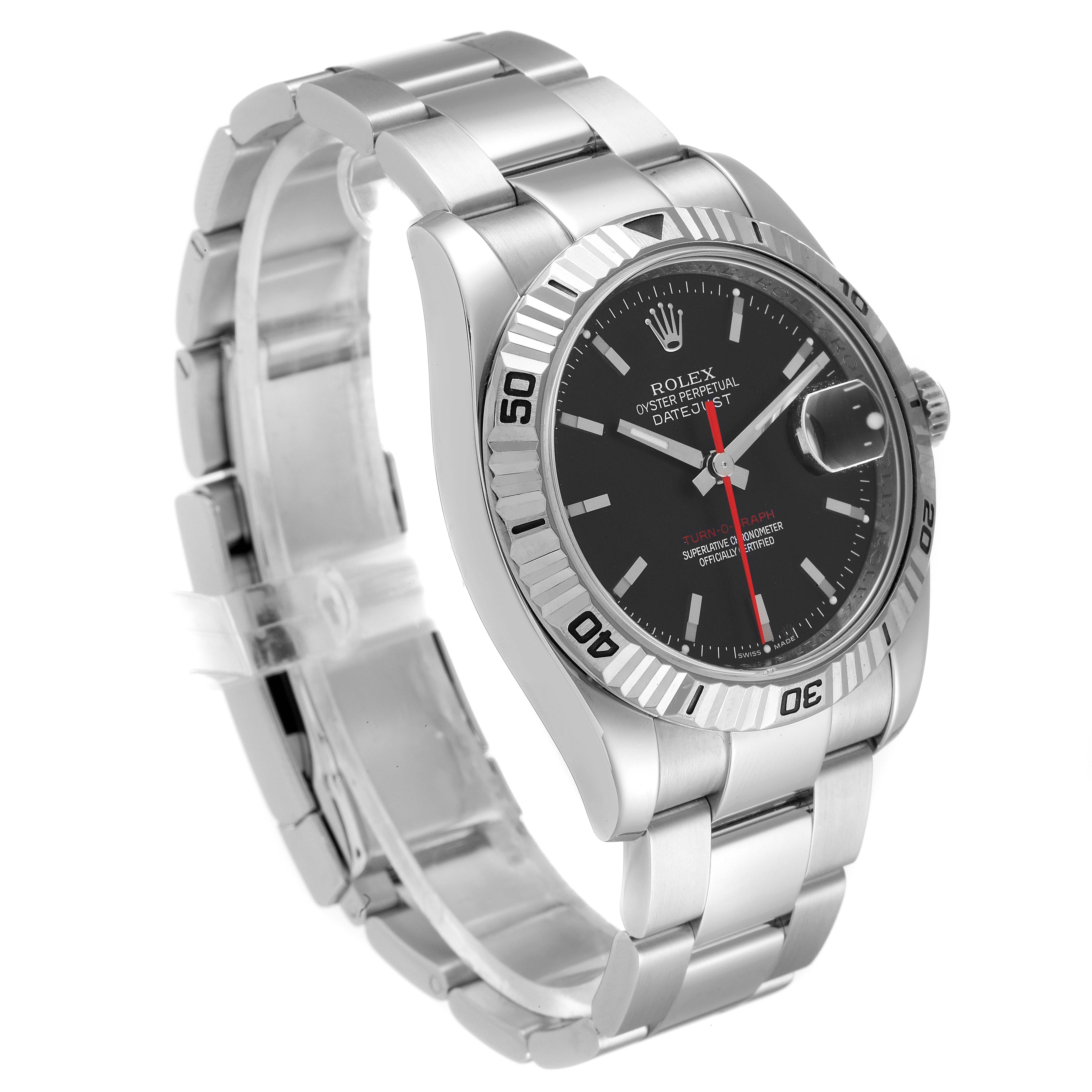 The image shows a Rolex Turn-o-Graph 116264 Men
s Stainless Steel Black Dial 116264 Men
s Stainless Steel Black Dial watch at a slightly angled side view, highlighting its bezel, dial, and bracelet.