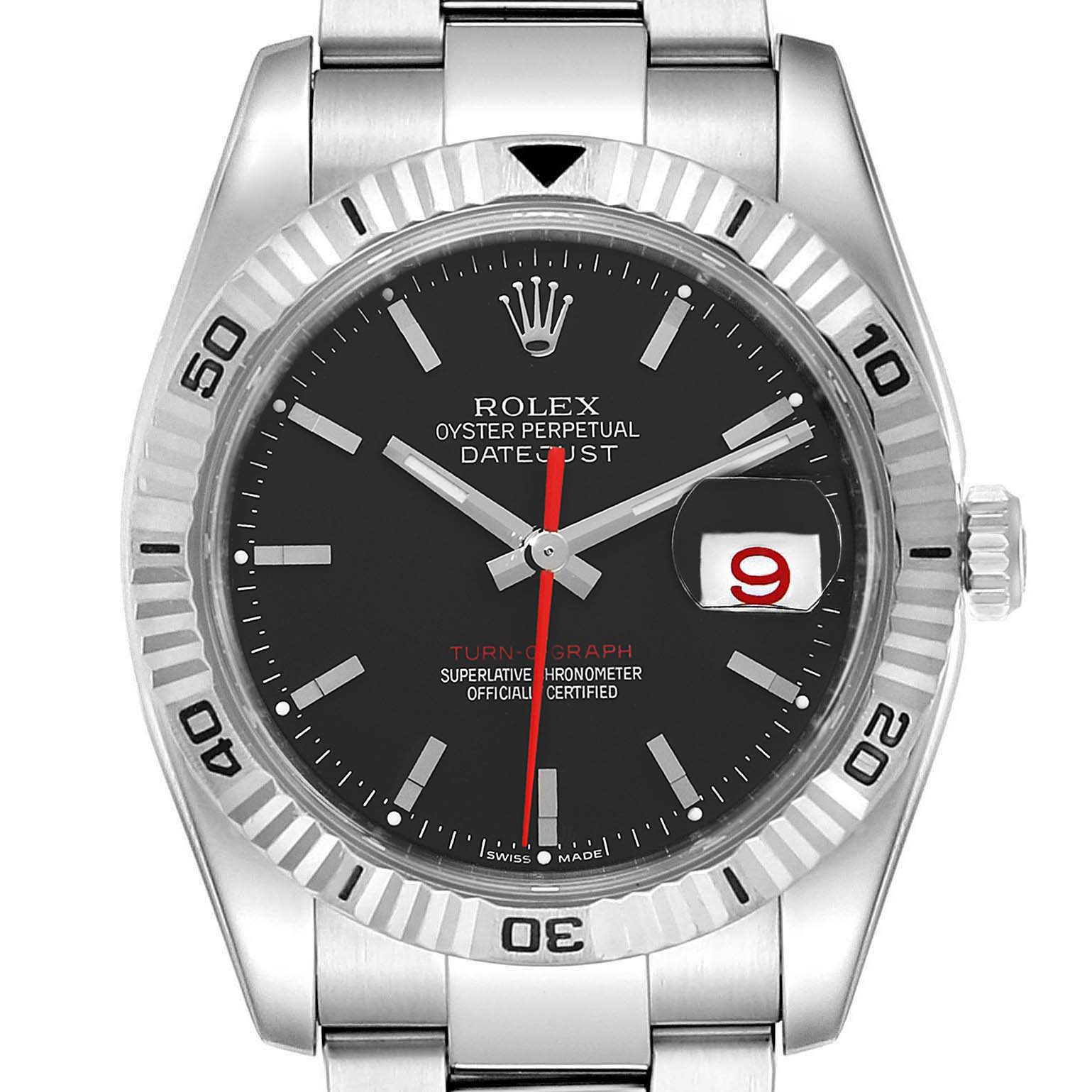 The image shows a front view of the Rolex Turn-o-Graph 116264 Men
s Stainless Steel Black Dial 116264 Men
s Stainless Steel Black Dial watch displaying its face, bezel, and part of the bracelet.