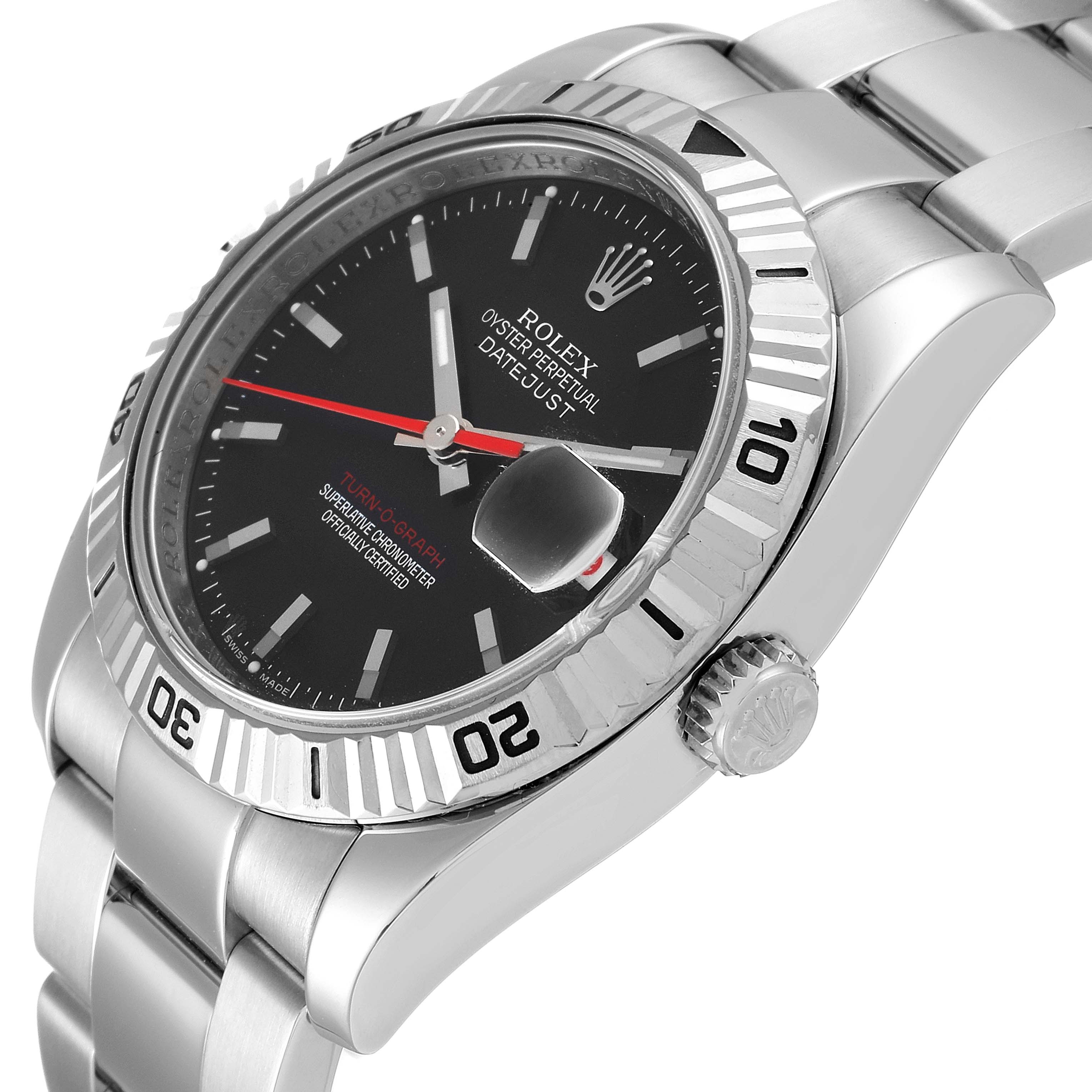 This is a close-up angle of a Rolex Turn-o-Graph 116264 Men
s Stainless Steel Black Dial 116264 Men
s Stainless Steel Black Dial, showing the dial, bezel, crown, and part of the bracelet.