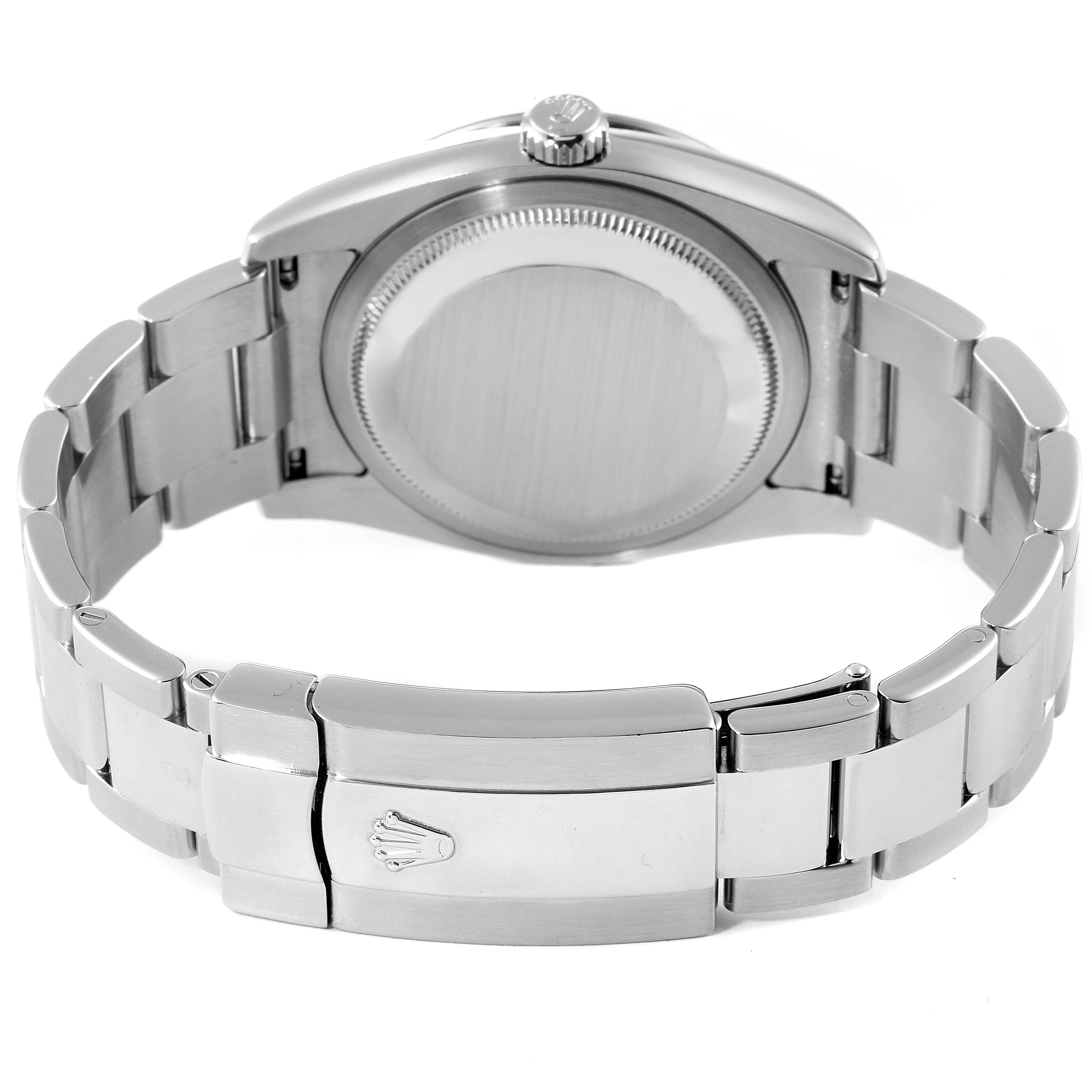 This image shows the backside and bracelet clasp of the Rolex Turn-o-Graph 116264 Men
s Stainless Steel Black Dial 116264 Men
s Stainless Steel Black Dial watch at a slight angle.