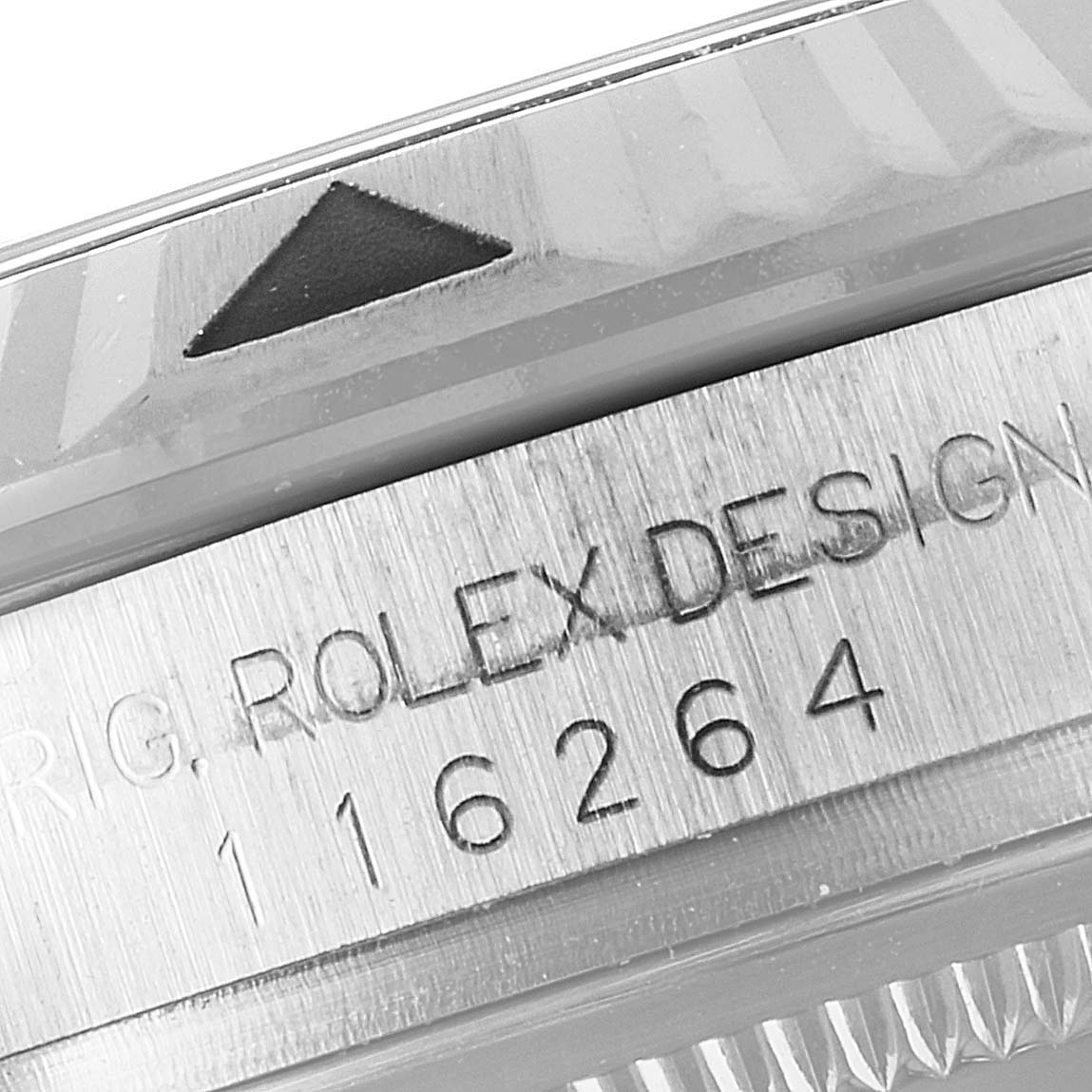 This image shows the bezel and part of the casing with the model number of a Rolex Turn-o-Graph 116264 Men
s Stainless Steel Black Dial 116264 Men
s Stainless Steel Black Dial watch.