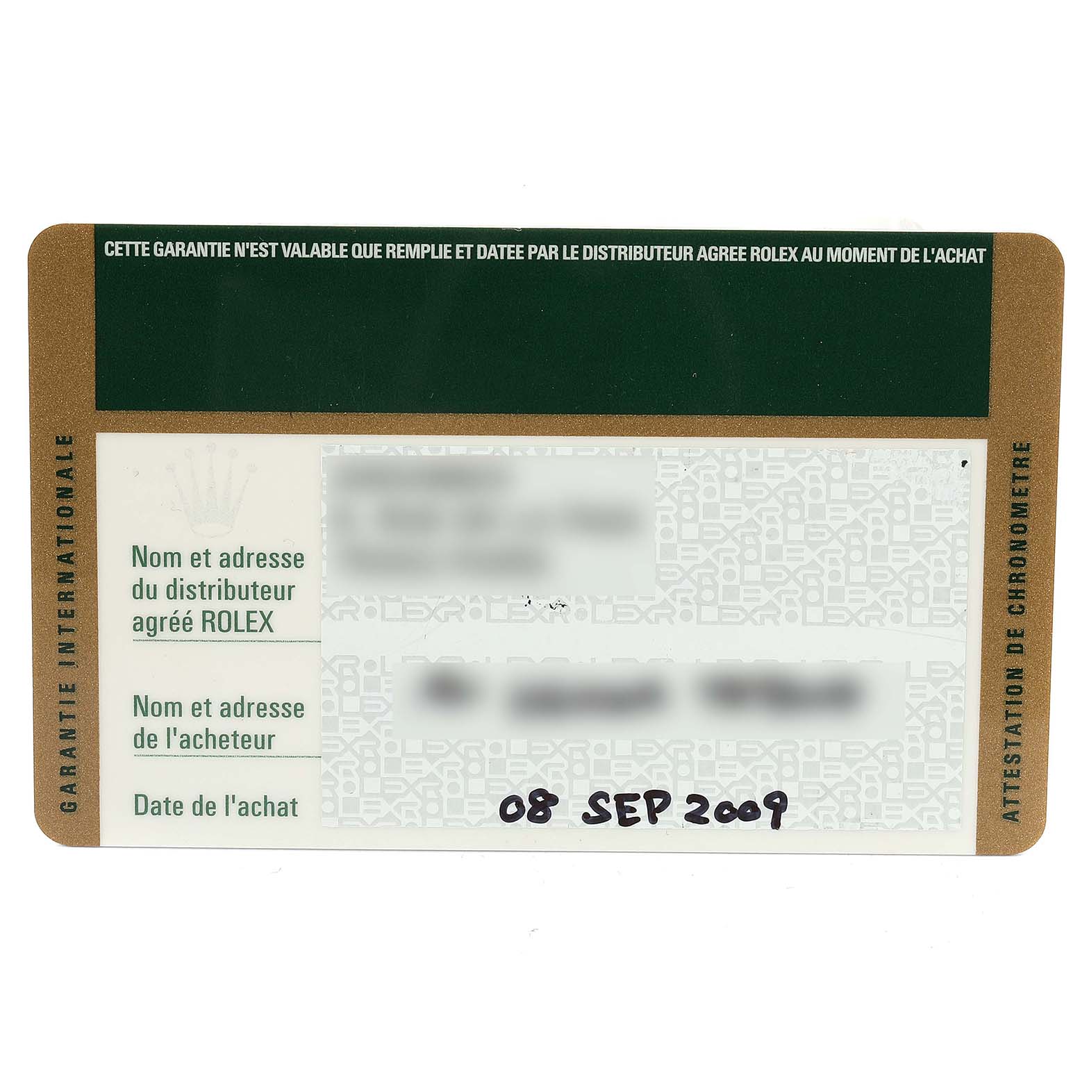 This image shows the international guarantee card for a Rolex Turn-o-Graph 116264 Men
s Stainless Steel Black Dial 116264 Men
s Stainless Steel Black Dial watch, displaying purchase details.