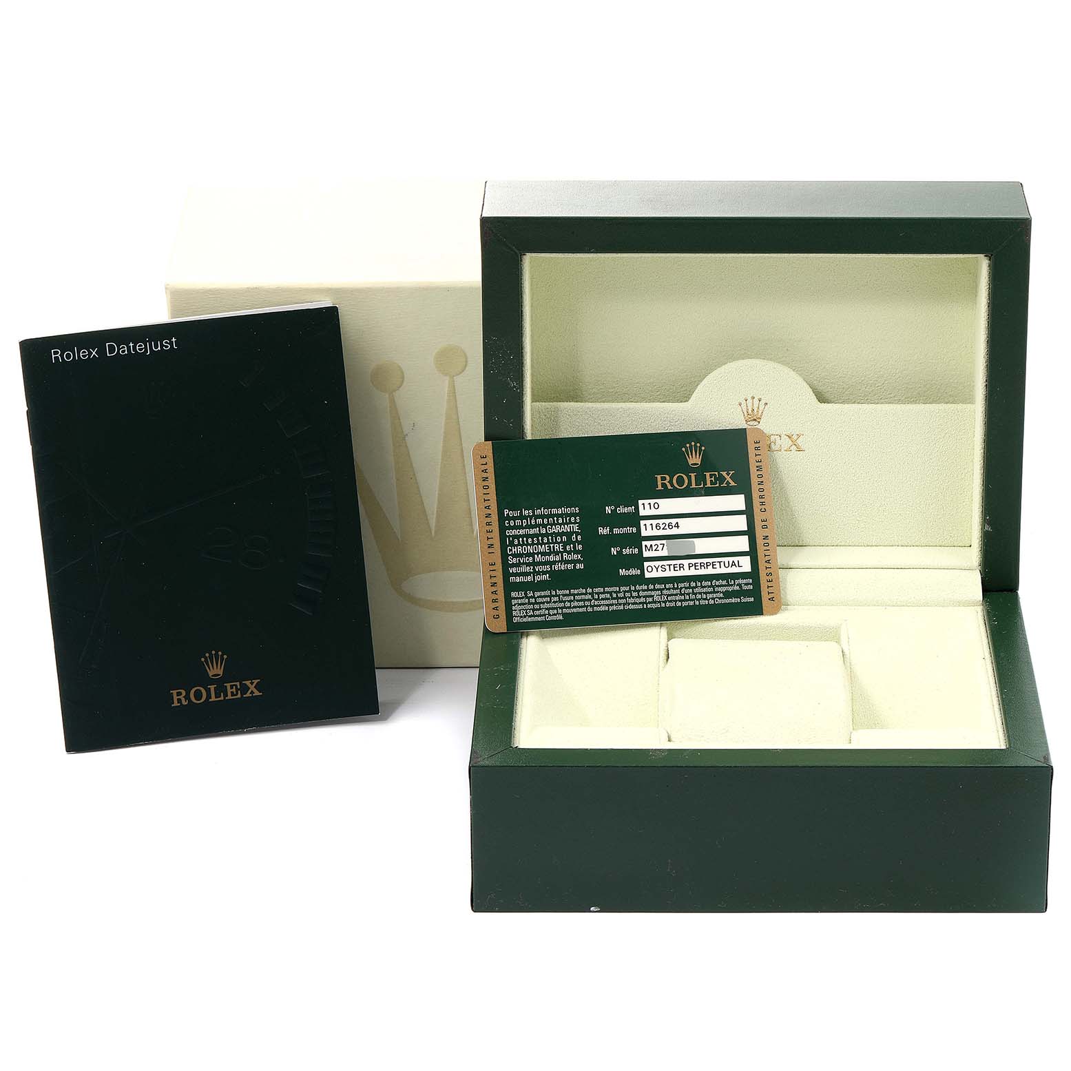 The image shows the packaging, warranty card, and booklet for a Rolex Turn-o-Graph 116264 Men
s Stainless Steel Black Dial 116264 Men
s Stainless Steel Black Dial model.